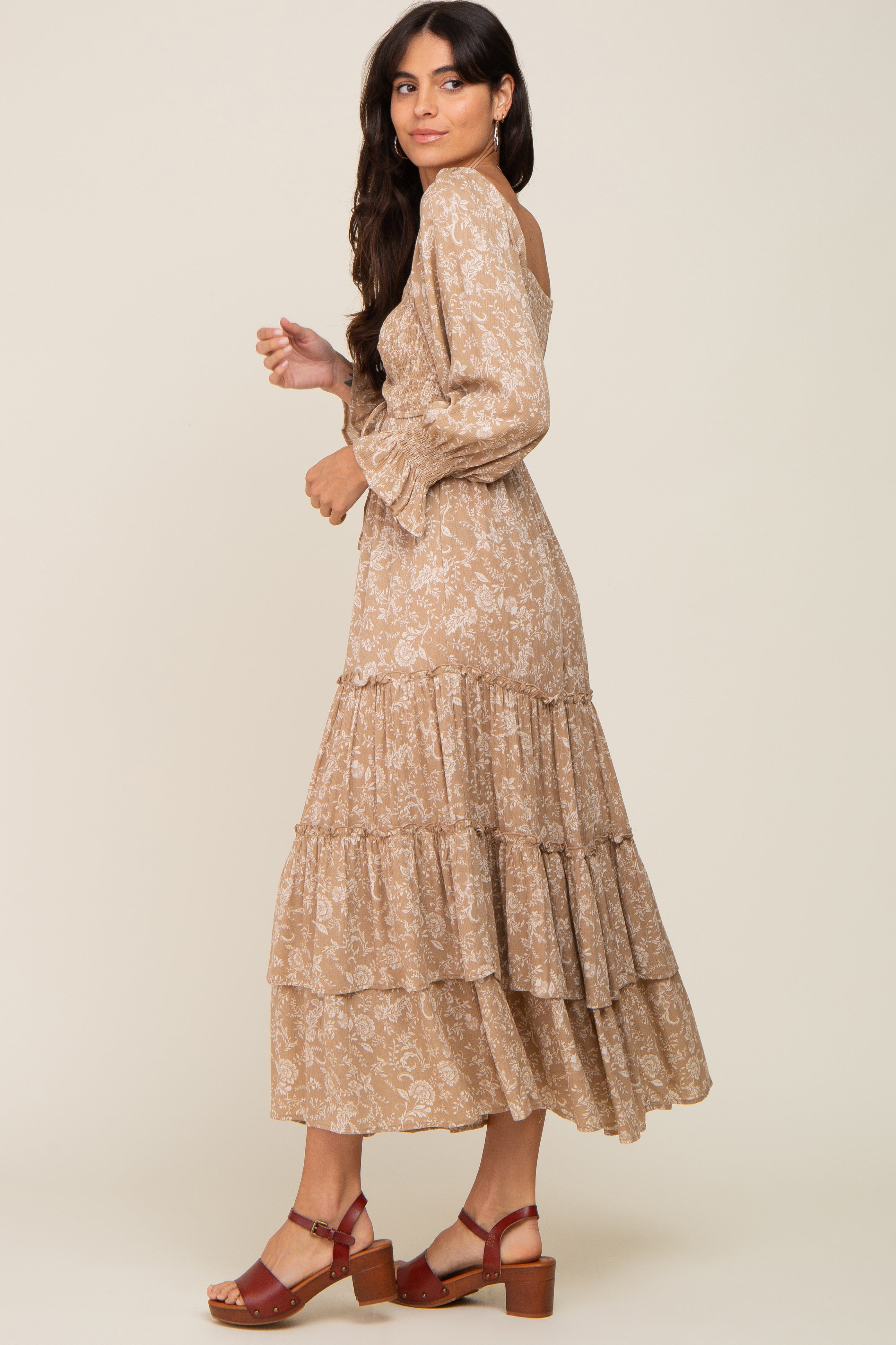 Beige Floral Cutout Smocked Tiered Maxi Dress for Women - Elegant Summer Beach Wedding Party Dress - Perfect for Vacations, Dates & Special Occasions