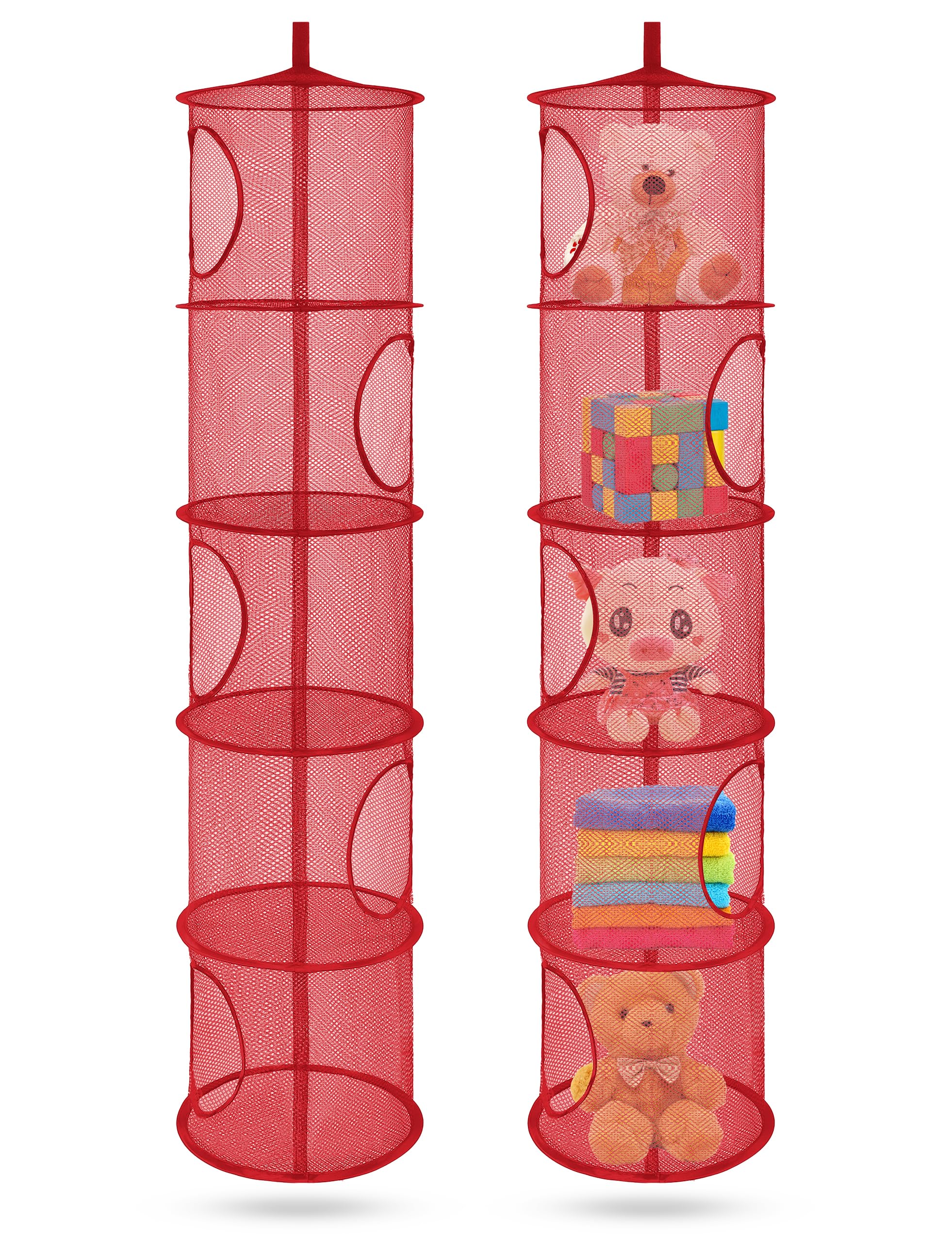 Libeder Foldable Mesh Hanging Storage Organizer - 5 Compartment Toy Net Basket for Kids Room & Bathroom (2 Pack, Red) | Space Saving Stuffed Animal & Clothes Storage Solution for Home Organization