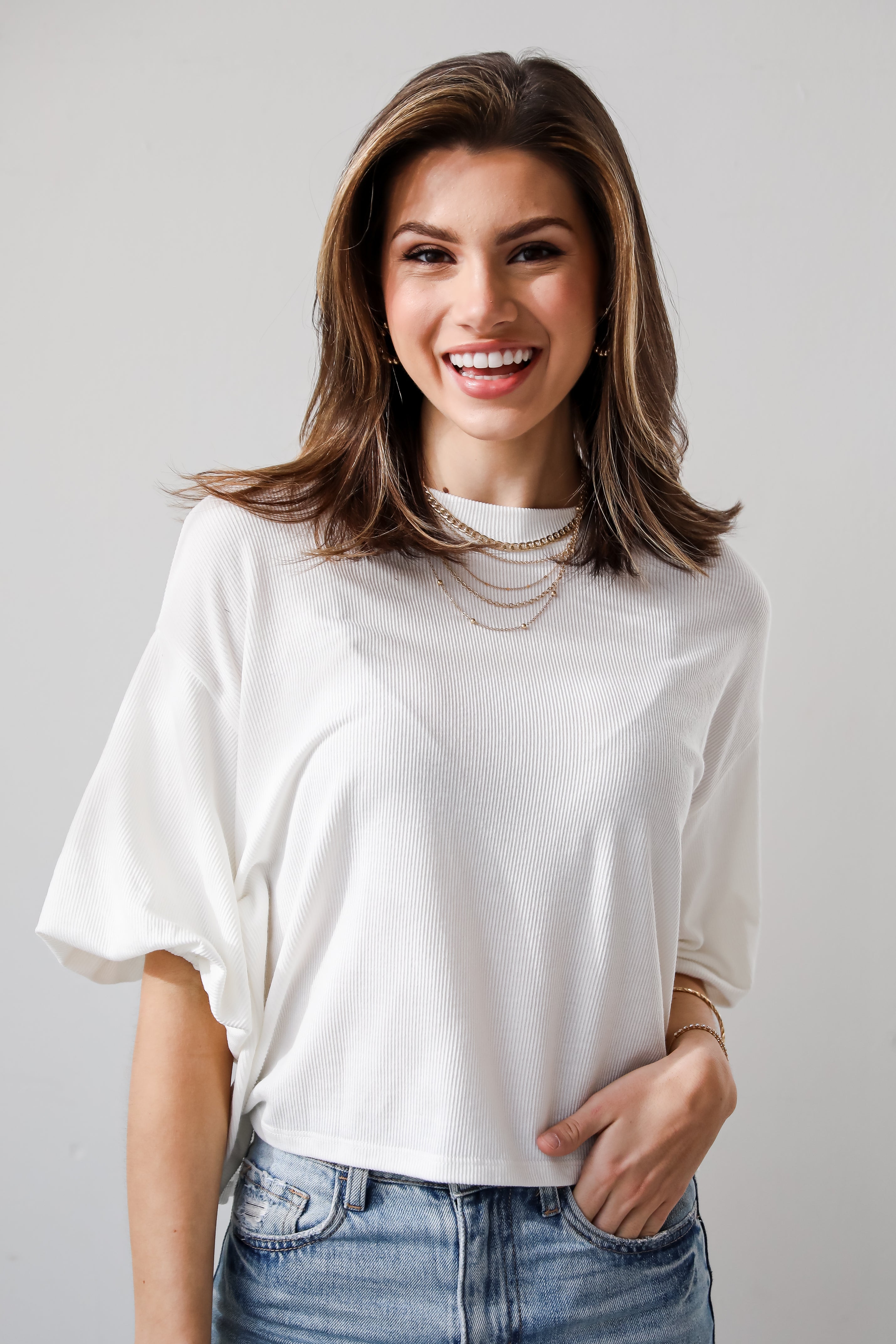 Effortless Behavior Ivory Ribbed Puff Sleeve Top for Women - Stylish Casual Blouse for Everyday Wear, Date Night & Office Outfits
