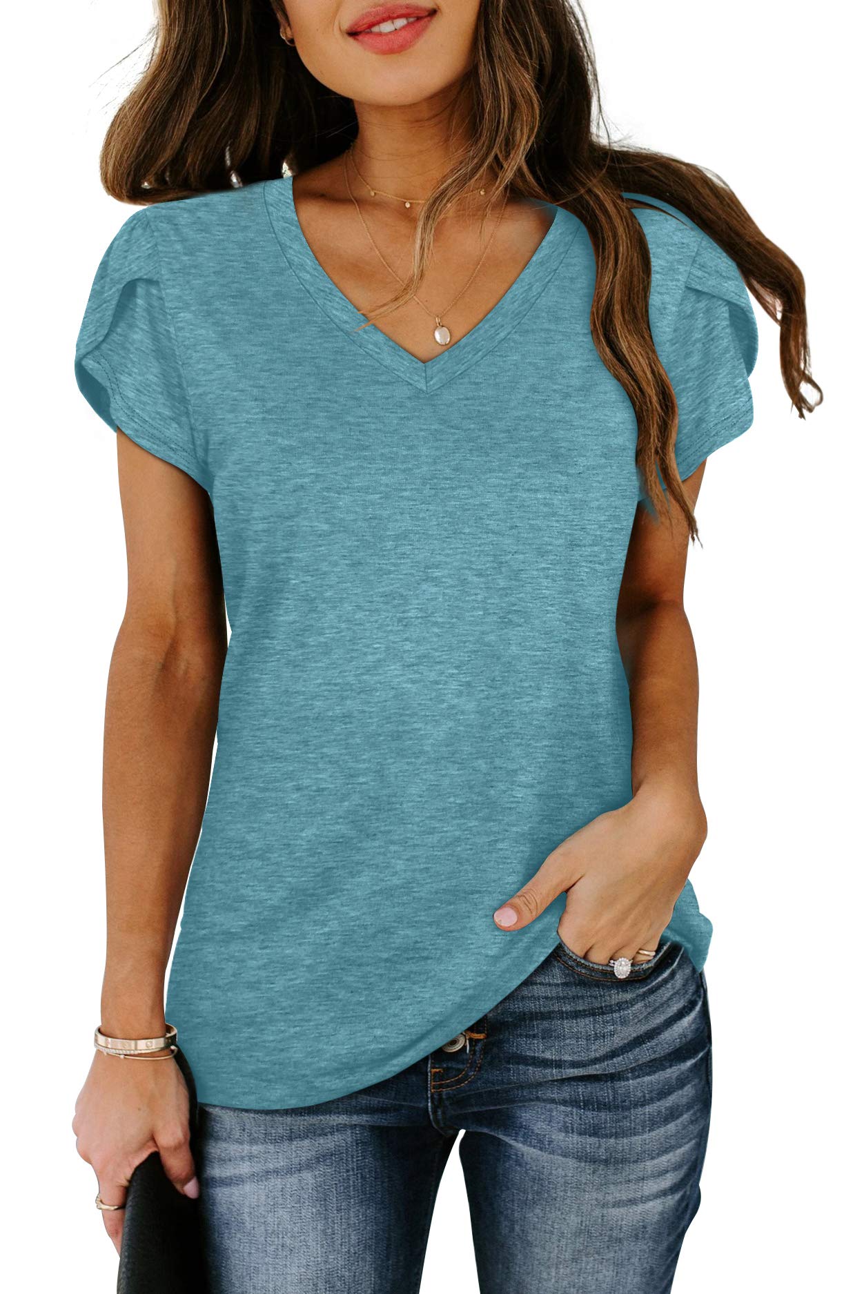 WIHOLL Women's V-Neck Short Sleeve T-Shirt - Floral Petal Sleeve Blouse for Summer, Casual Outfits & Everyday Wear | Perfect for Work, Dates & Weekend Outings