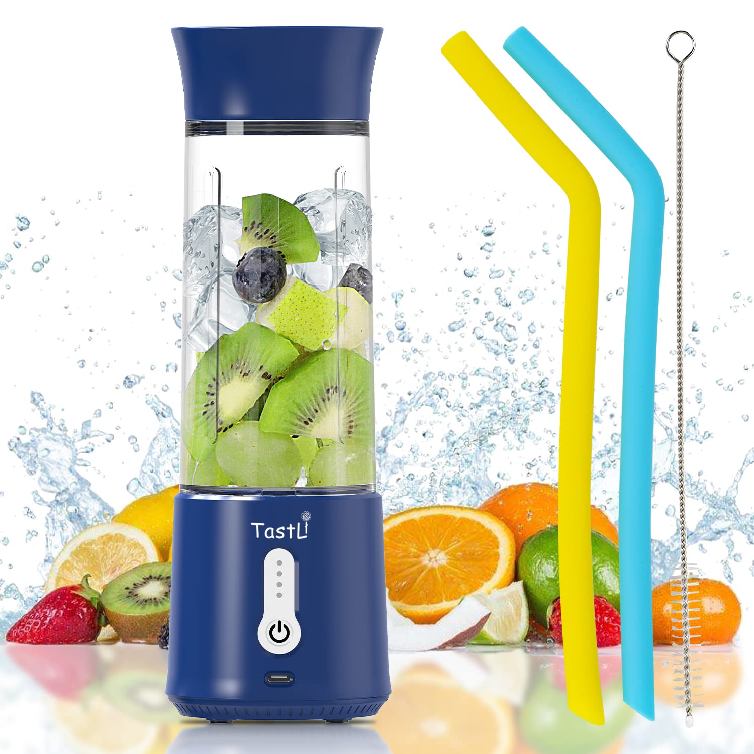 Portable Blender Cup - 17oz USB Rechargeable Cordless Personal Smoothie Blender for Shakes, Juices & Protein Drinks | Waterproof Mini Electric Fruit Juicer (Dark Blue) | Perfect for Gym, Travel, Office & Home Use