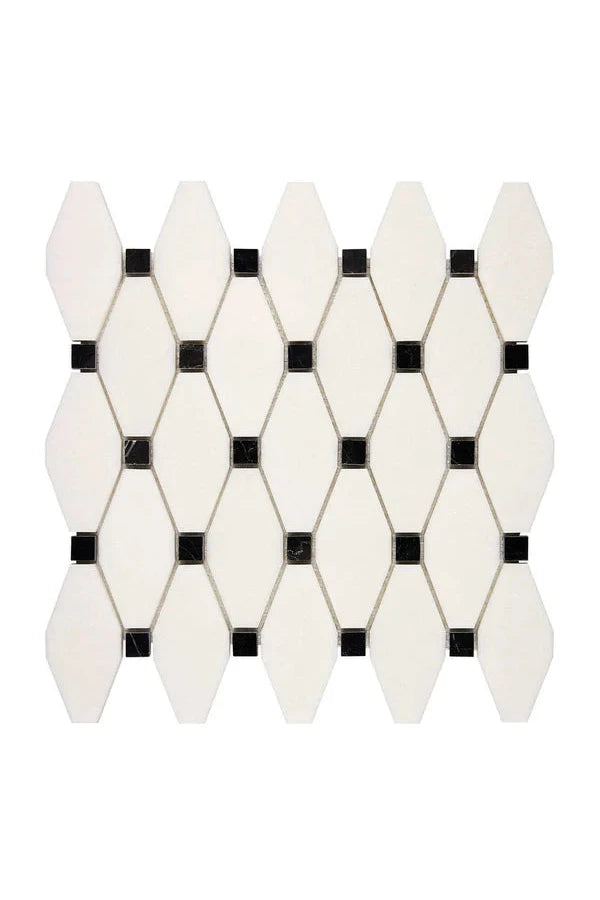 White Thassos Marble Elongated Hexagon Black Mosaic Tile - Premium Natural Stone Wall & Floor Tile for Bathroom, Kitchen Backsplash, Shower, and Pool Design