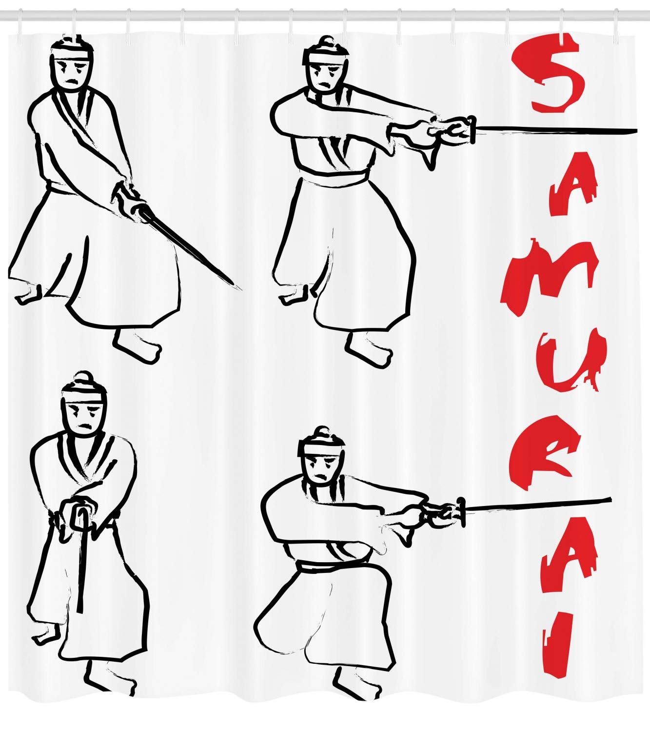 Ambesonne Japanese Samurai Shower Curtain - Katana Fight Martial Art Design on White, Red & Black Fabric Bathroom Decor Set with Hooks, 69x84 Inches - Perfect for Asian-Themed Bathrooms & Zen Home Decor