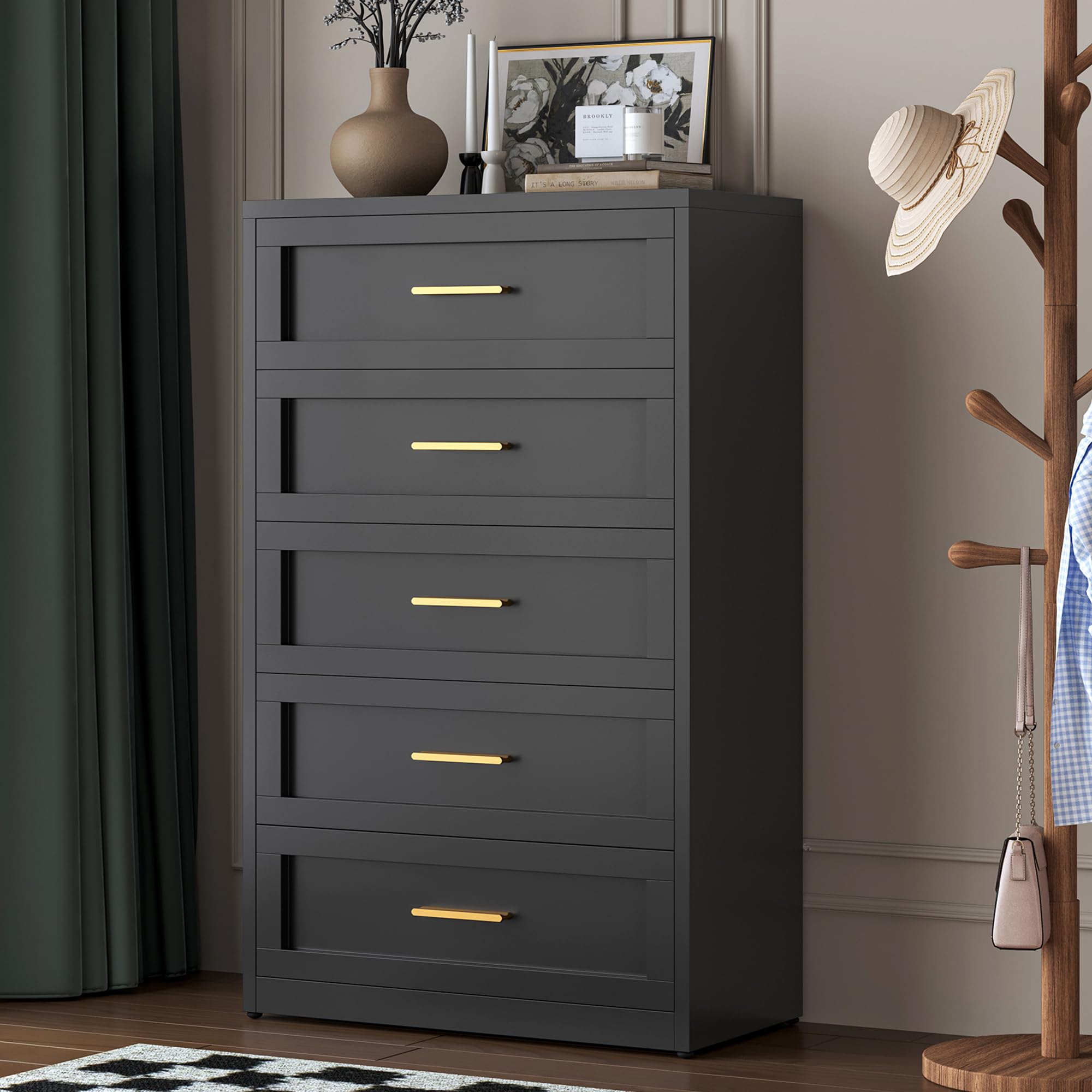 Black 5-Drawer Metal Dresser for Bedroom Storage | Tall White & Gold Chest of Drawers for Closet Organization | Sturdy Metal Dresser for Living Room, Hallway, Office & Bedroom | Perfect for Small Space Storage & Home Décor