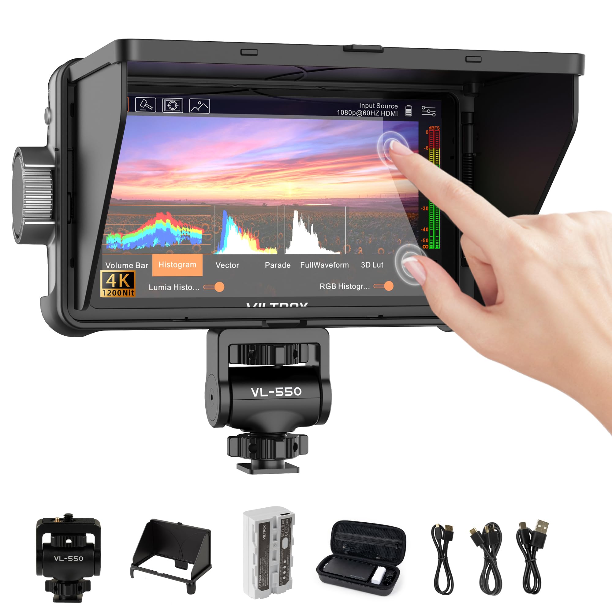 VILTROX DC-550 Pro 5.5 Inch 4K HDMI Touchscreen DSLR Camera Field Monitor - 1200 Nits Brightness, 3D LUT, HD 1920x1080, Focus Peaking Assist - with Battery & Sunshade Hood - Perfect for Outdoor Filming, Vlogging, and Professional Video Production