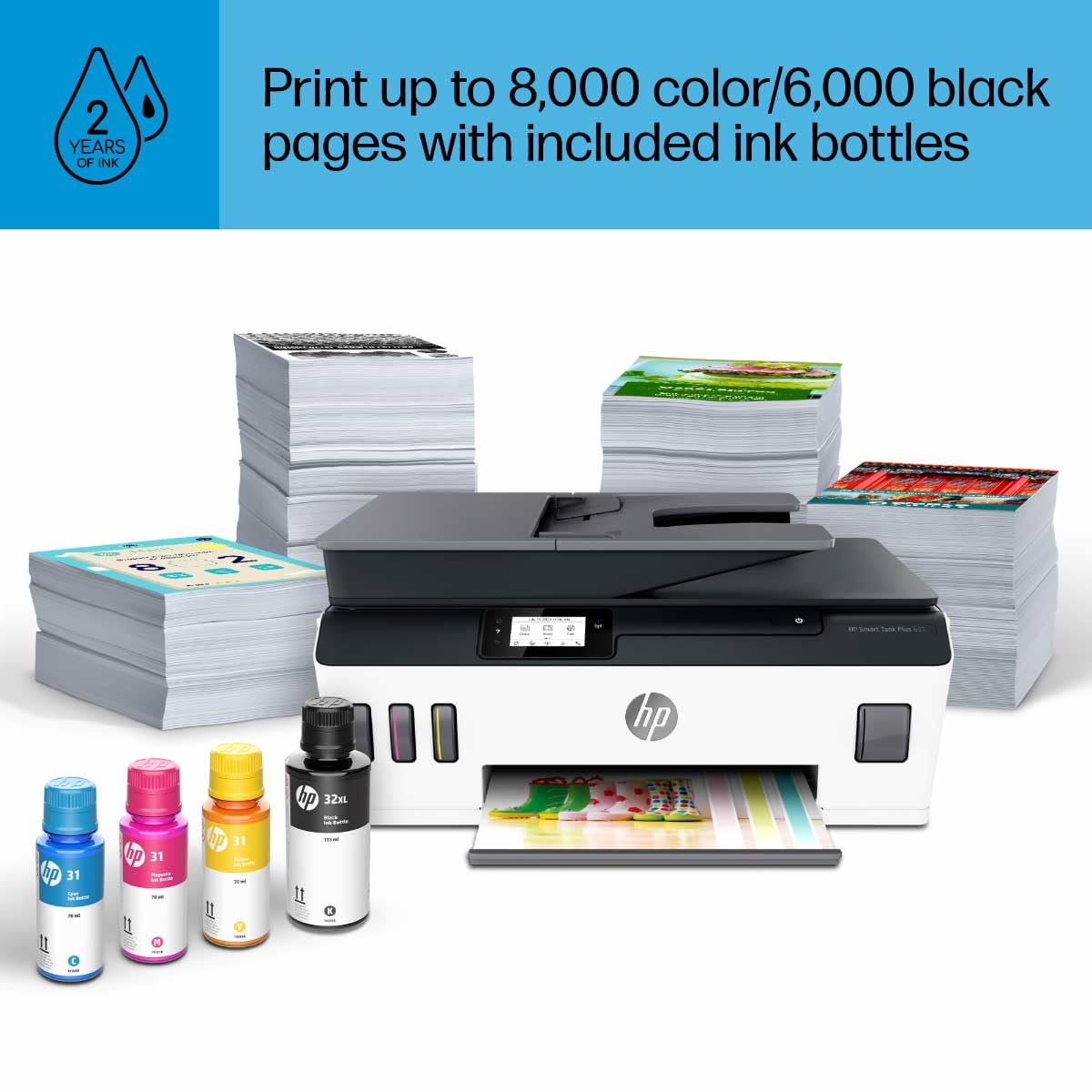 HP Smart-Tank Plus 651 Wireless All-in-One Ink-Tank Printer with 2 Years of Ink Supply - Auto Document Feeder, Mobile Printing, Scanning, Copying - Alexa Compatible (7XV38A) - Perfect for Home Office, Small Business & Remote Work