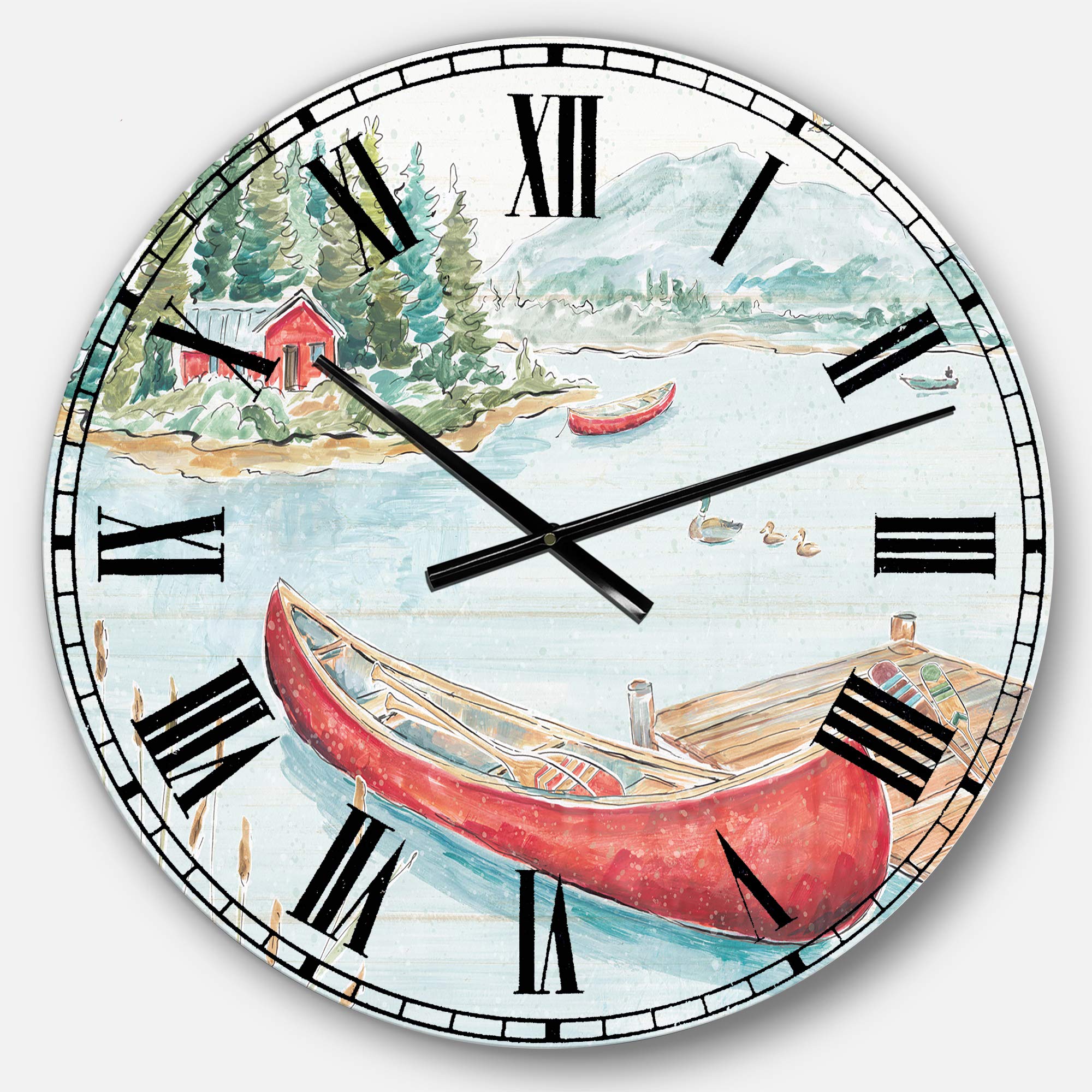 Designart Lake House Canoes II Round Metal Wall Clock - Rustic Lake-Themed Wall Art for Home Decor, Living Room, Bedroom & Office | Perfect for Cabin, Cottage or Lakeside Home Décor