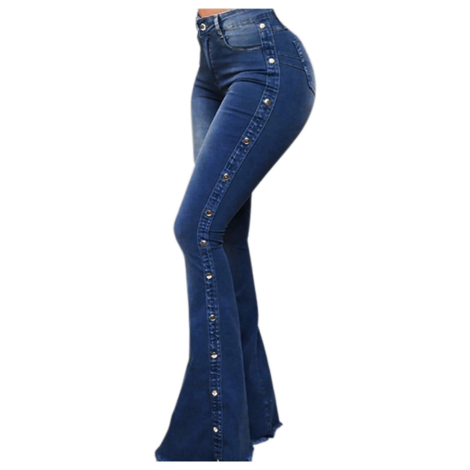 Vintage Hippie Flare Jeans for Women - Dark Blue Bell Bottom Jeans with Studded Buttons & Raw Hem | Stretchy Bootcut Denim Pants for 70s Style, Music Festivals & Boho Outfits