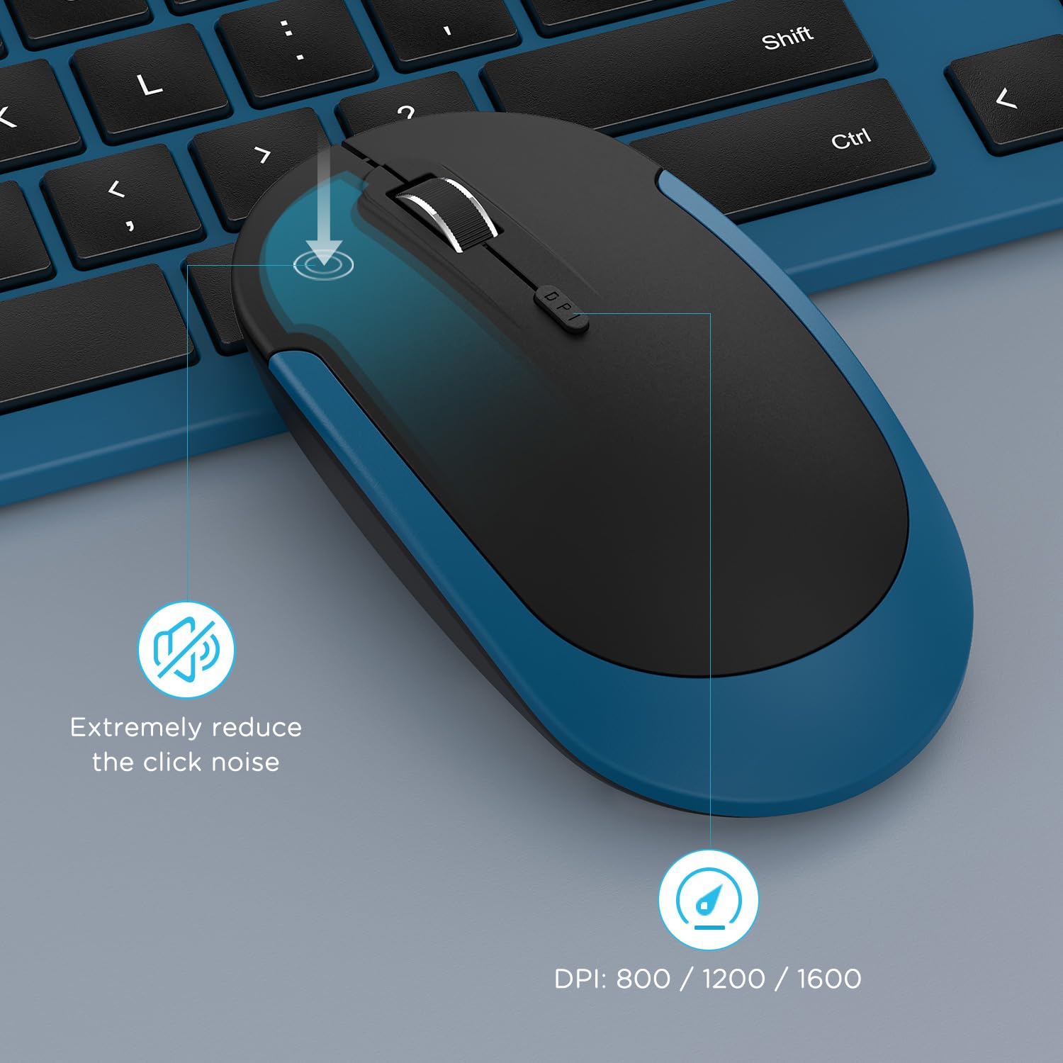 Wireless Keyboard and Mouse Combo - Full Size Slim 2.4G Wireless Keyboard with Numeric Keypad & Adjustable DPI Mouse for PC, Laptop, Office, Home (Dark Blue) | Ergonomic Design for Comfortable Typing & Gaming