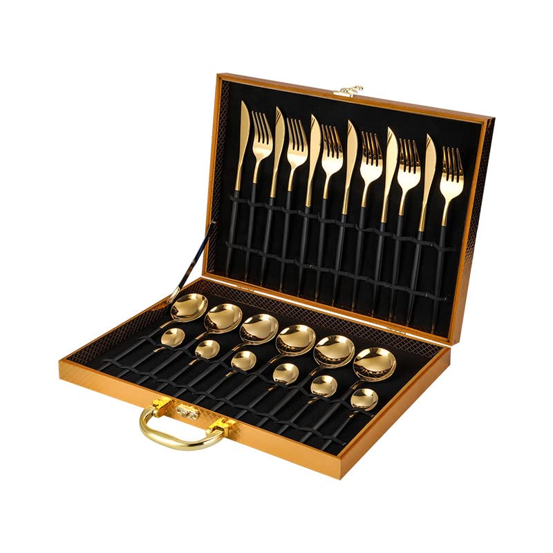Premium 24-Piece Stainless Steel Flatware Set - Silverware Cutlery for Dining, Travel & Camping - Includes Steak Knives, Forks & Coffee Spoons - Reusable & Portable Dinnerware (Black-Gold) - Perfect for Home, Restaurant, Picnic & Outdoor Adventures