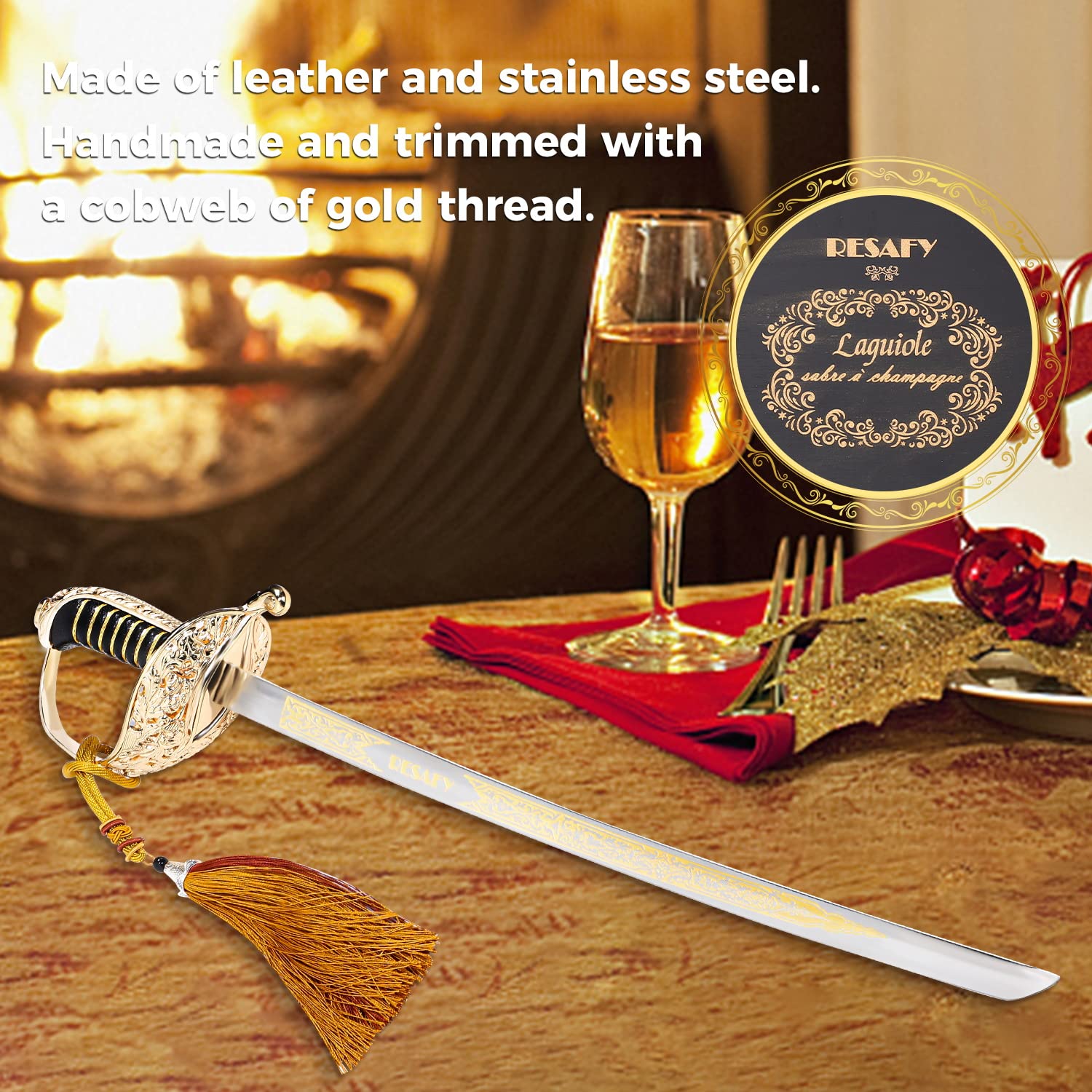 Resafy Champagne Saber - Gold Handle Champagne Sword & Opener with Gift Case - Perfect for Weddings, Parties & Celebrations - Elegant Bottle Opening Tool for Special Events & Gifts