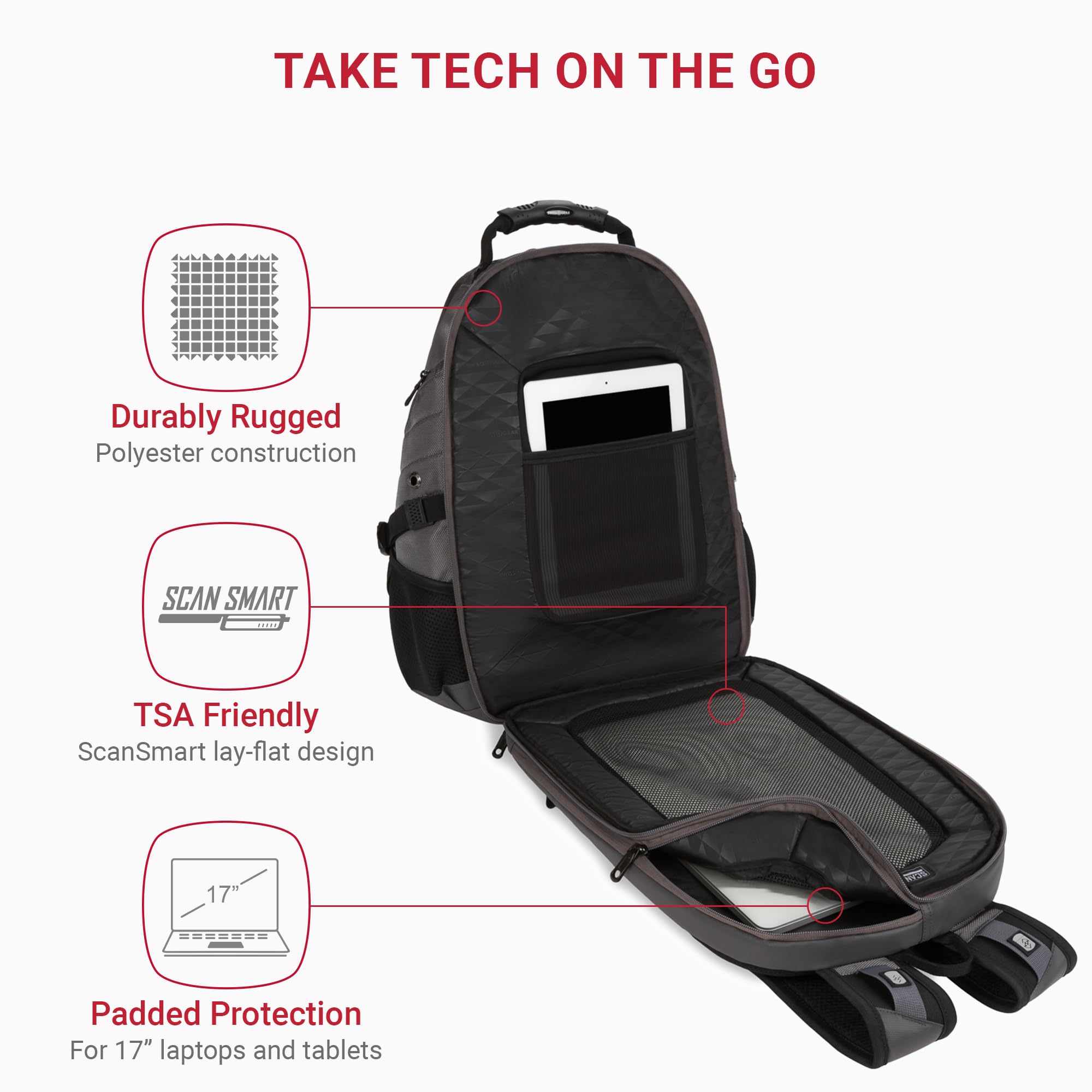 SwissGear 1900 Scansmart TSA Approved 17 Inch Laptop Backpack - Sting Grey Ballistic Nylon - Fits Up to 19 Inch Laptops | Perfect for Business Travel, Airport Security & Daily Commute