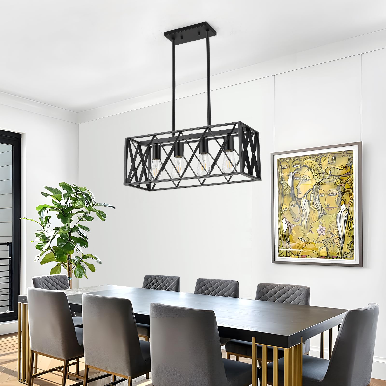 KEESFU Black Farmhouse Kitchen Island Pendant Light - Adjustable Height 4-Light Industrial Fixture for Dining Room, Living Room, Foyer & Over Sink | Perfect for Rustic Home Decor & Modern Farmhouse Style