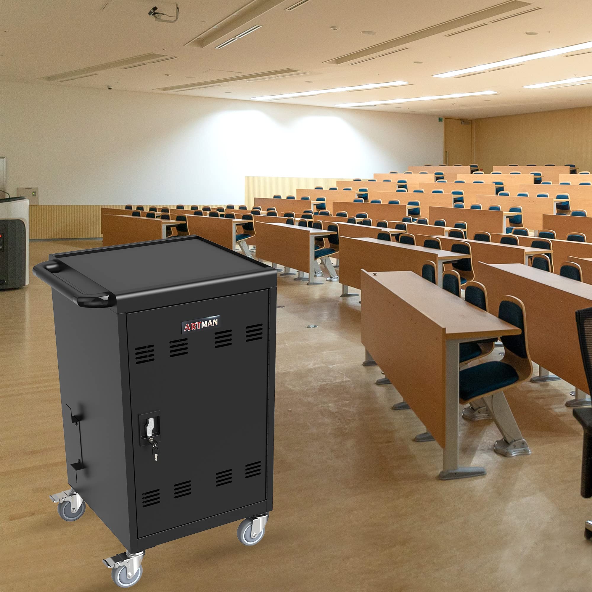 Mobile Charging Cart for Laptops & Tablets - 32 Device Storage Cabinet with Locking Wheels, Fits 16.3