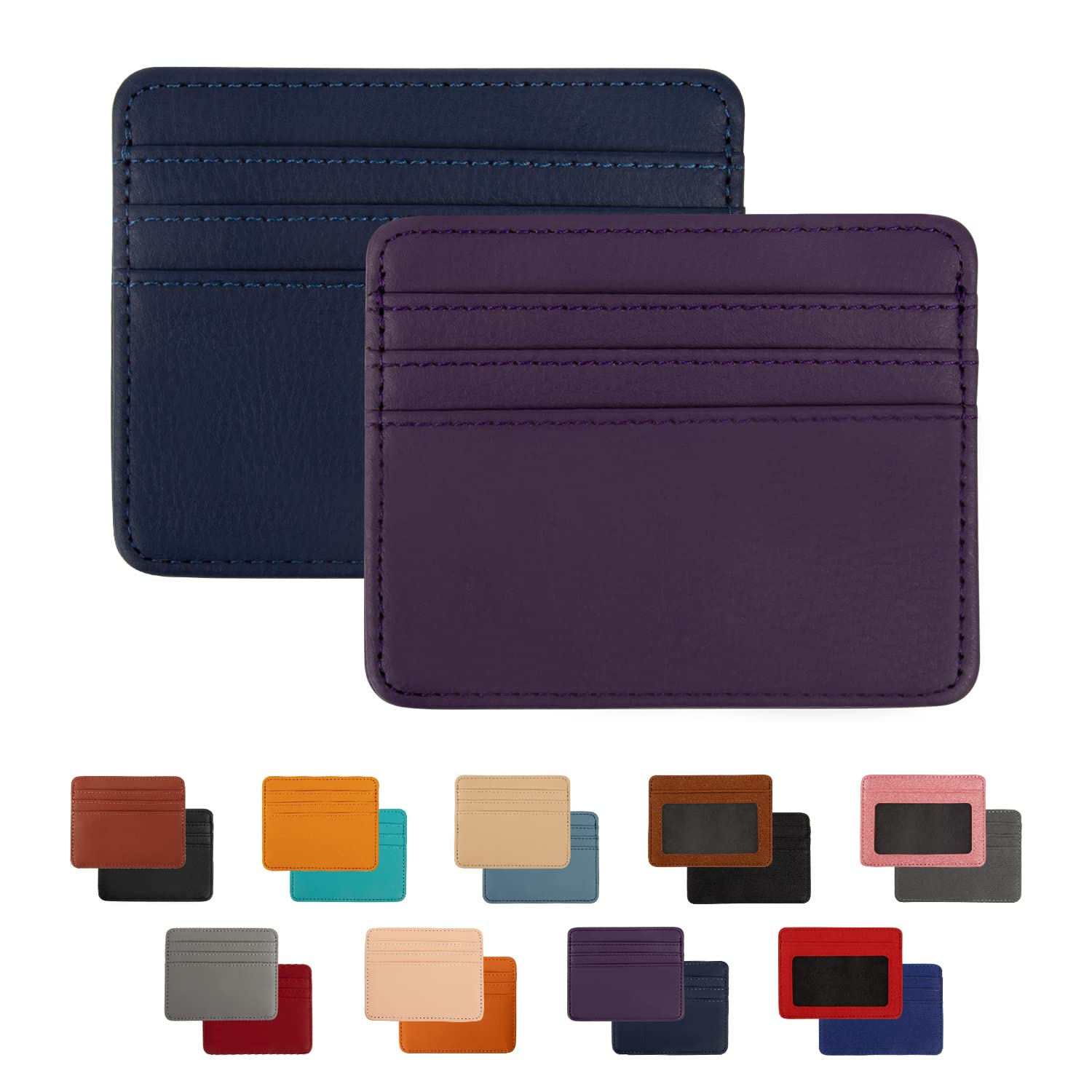 2 Pack Slim Minimalist Wallet for Men & Women - PU Leather Business Card Holder & Credit Card ID Case - Front or Back Pocket Card Wallet (Blue + Purple) - Perfect for Travel, Work & Everyday Use