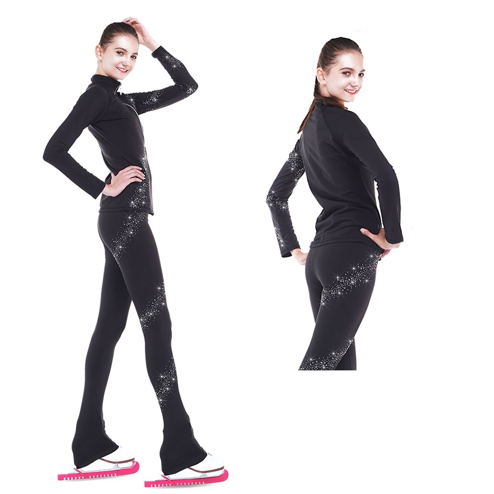 Women's Figure Skating Spiral Jacket & Fleece Pants Set - Black Ice Skating Warm-Up Outfit for Girls & Ladies | Perfect for Training, Competitions & Cold Weather Practice