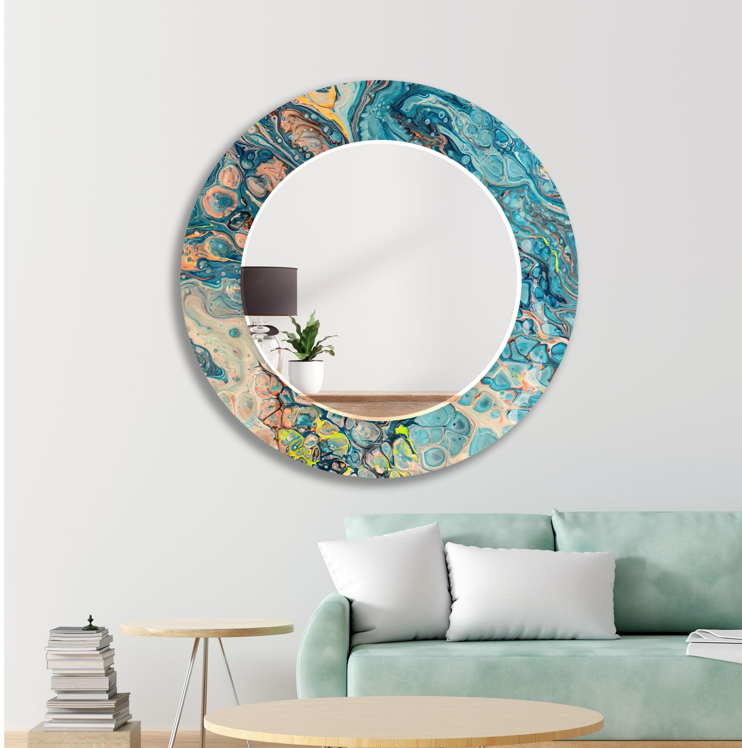 Blue & Beige Abstract Wall Mirror - Modern Decorative Round Mirror for Living Room, Bedroom, Entryway - Boho Home Decor Accent Piece for Wall Hanging