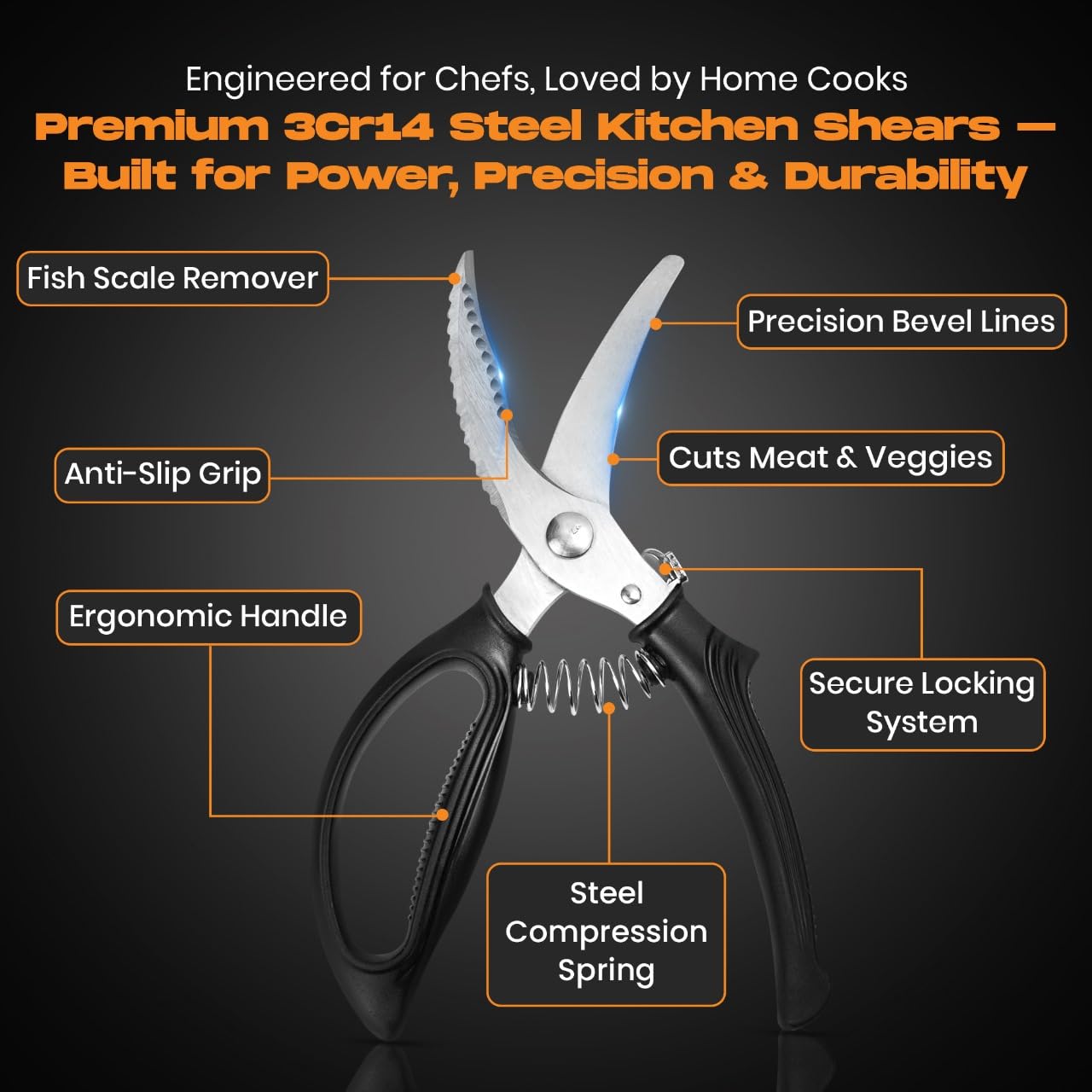 Premium Poultry Shears - Heavy Duty Kitchen Scissors for Cutting Chicken, Meat & Bones | Ergonomic Food Scissors with Safety Lock | Ideal for Meal Prep, Butchering & Cooking