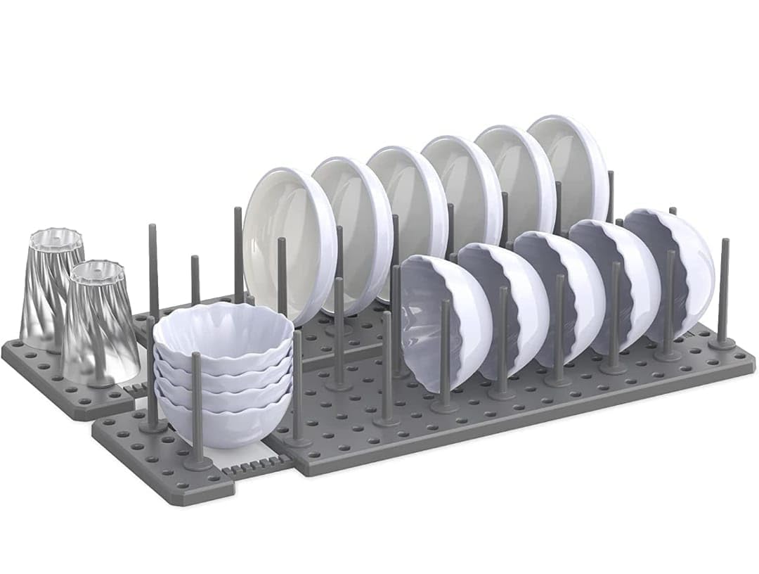 Adjustable Kitchen Cabinet Organizer - Expandable Plate & Bowl Holder, Dish Drying Rack, Pegboard Tray (15x10cm, Grey) - Perfect for Pantry, Cupboard & Countertop Storage
