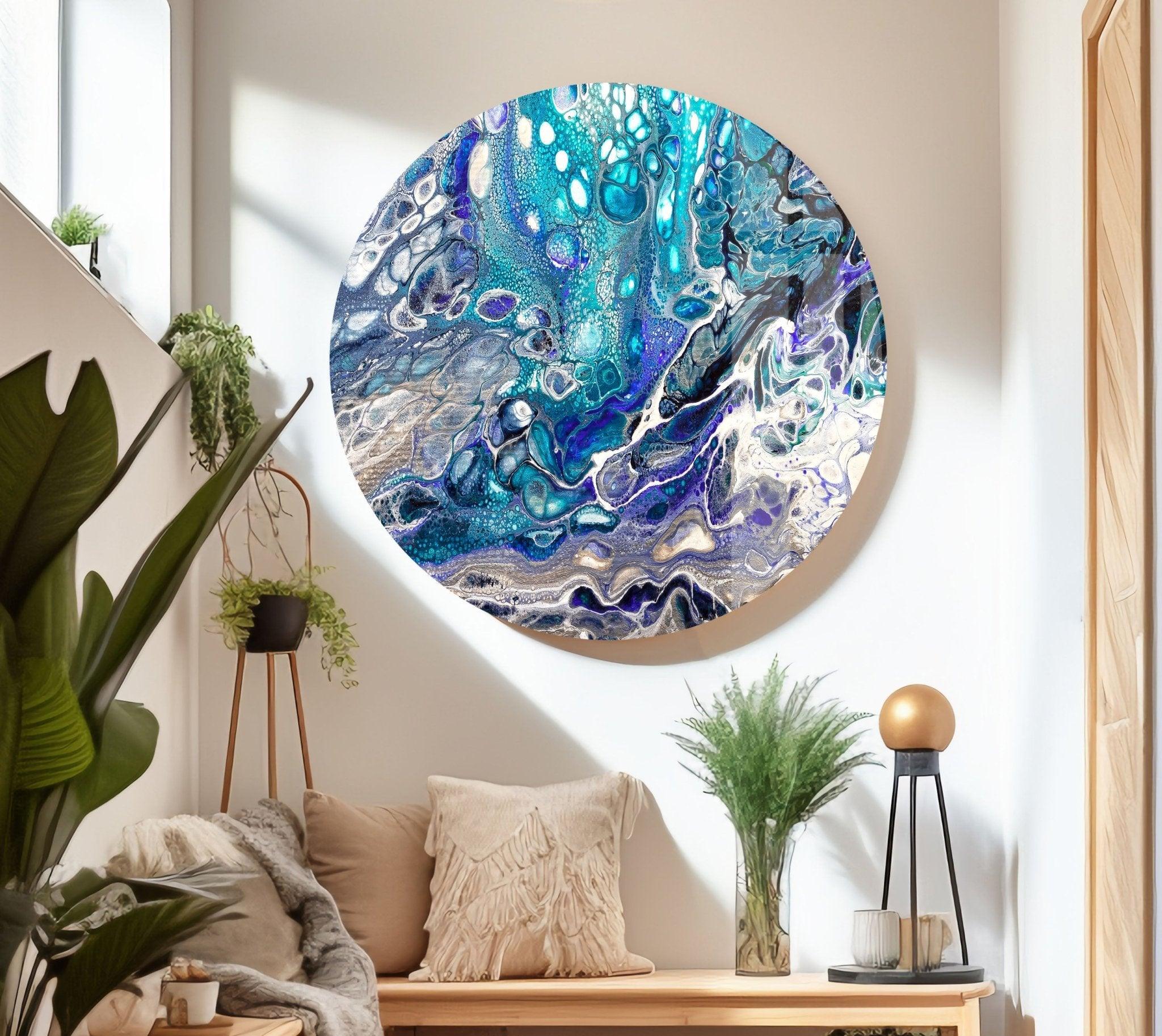 Turquoise Blue Alcohol Ink Glass Wall Art - Handmade Modern Abstract Home Decor for Living Room, Bedroom, Office