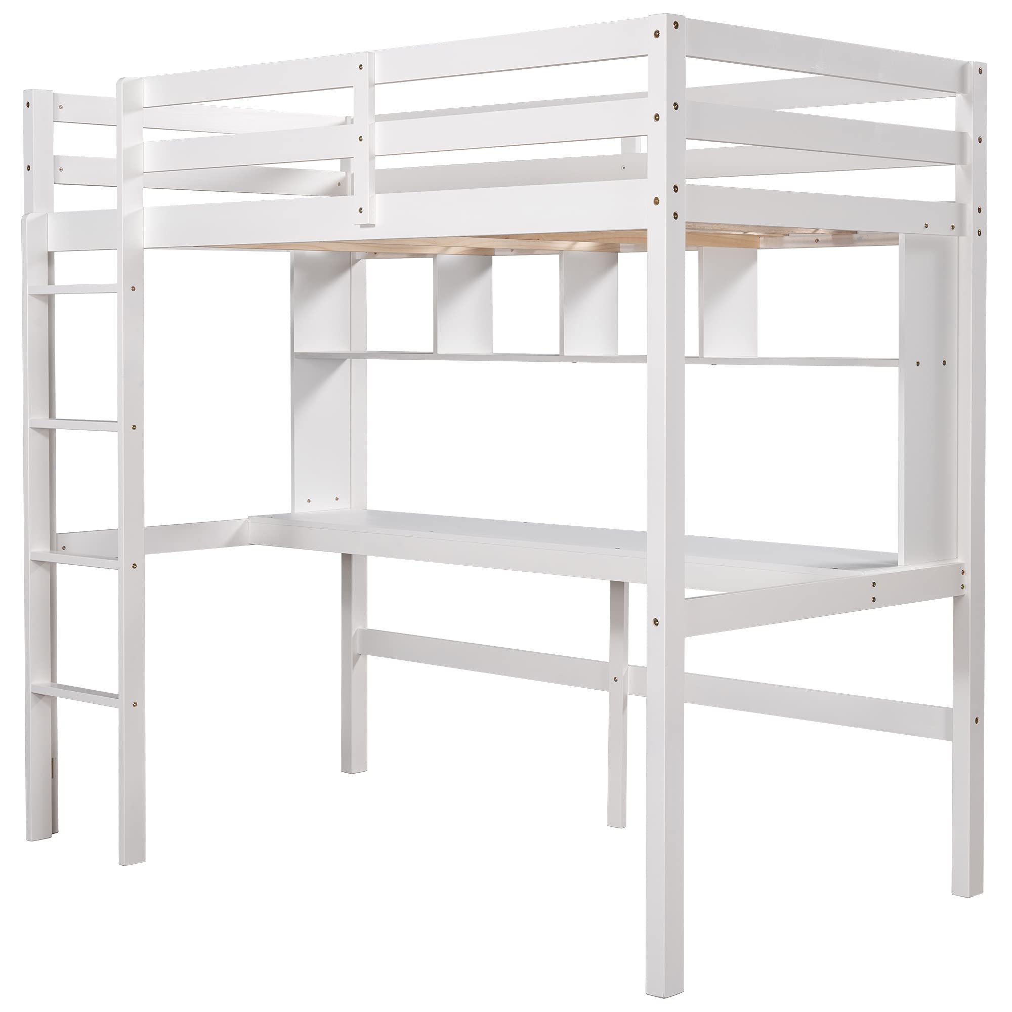 **Wooden Loft Bed Frame with Storage Shelves & Under-Bed Desk - Full-Length Guardrail & Built-in Ladder - Twin Size, White - Perfect for Kids, Teens & Adults - Space-Saving Bedroom, Dorm, or Studio Apartment Solution**