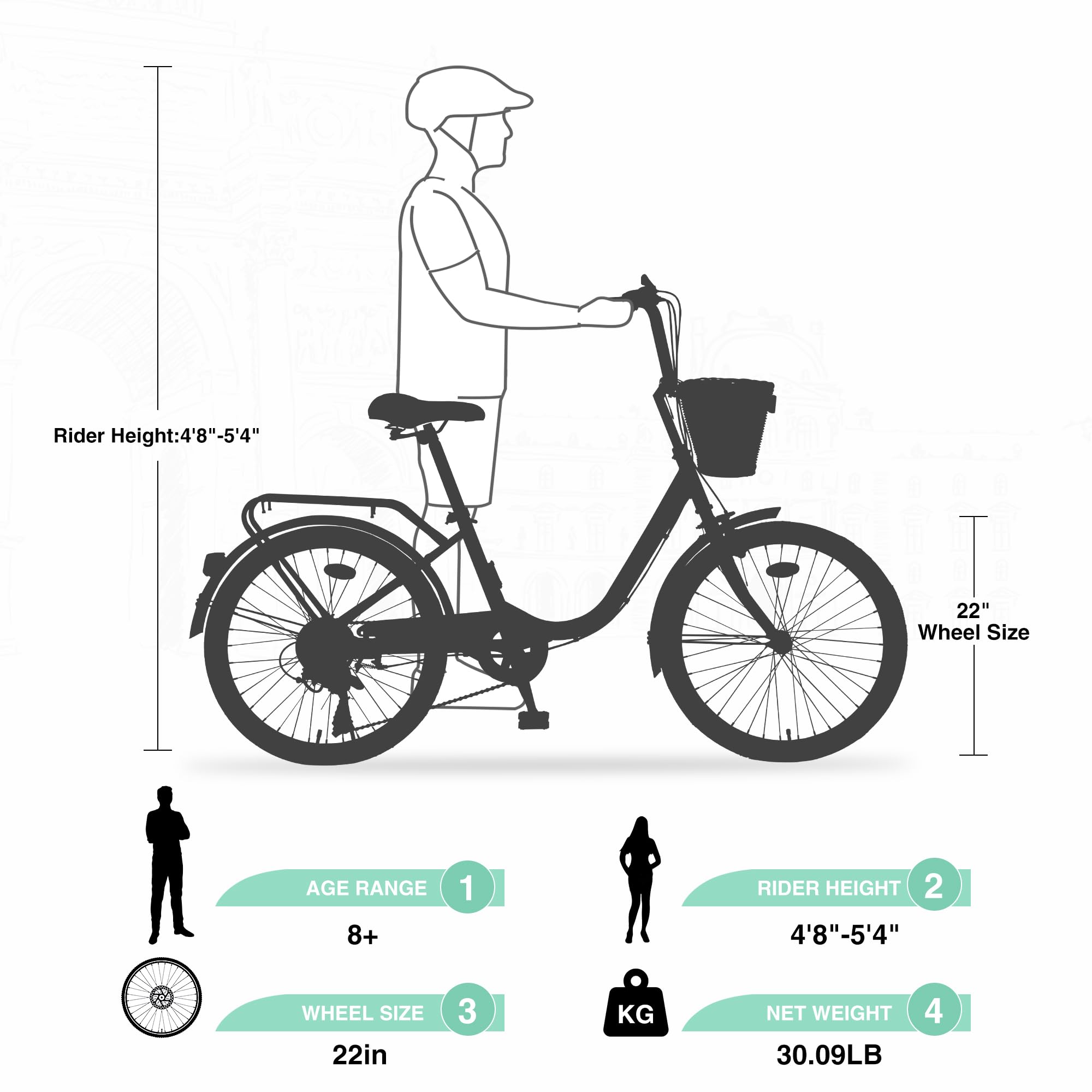 22/26 Inch Women's Beach Cruiser Bike - 7-Speed Hybrid Commuter Bicycle for Women & Men, Perfect for City Riding & Leisure - Available in 4 Colors | Ideal for Daily Commute, Weekend Rides & Beach Outings