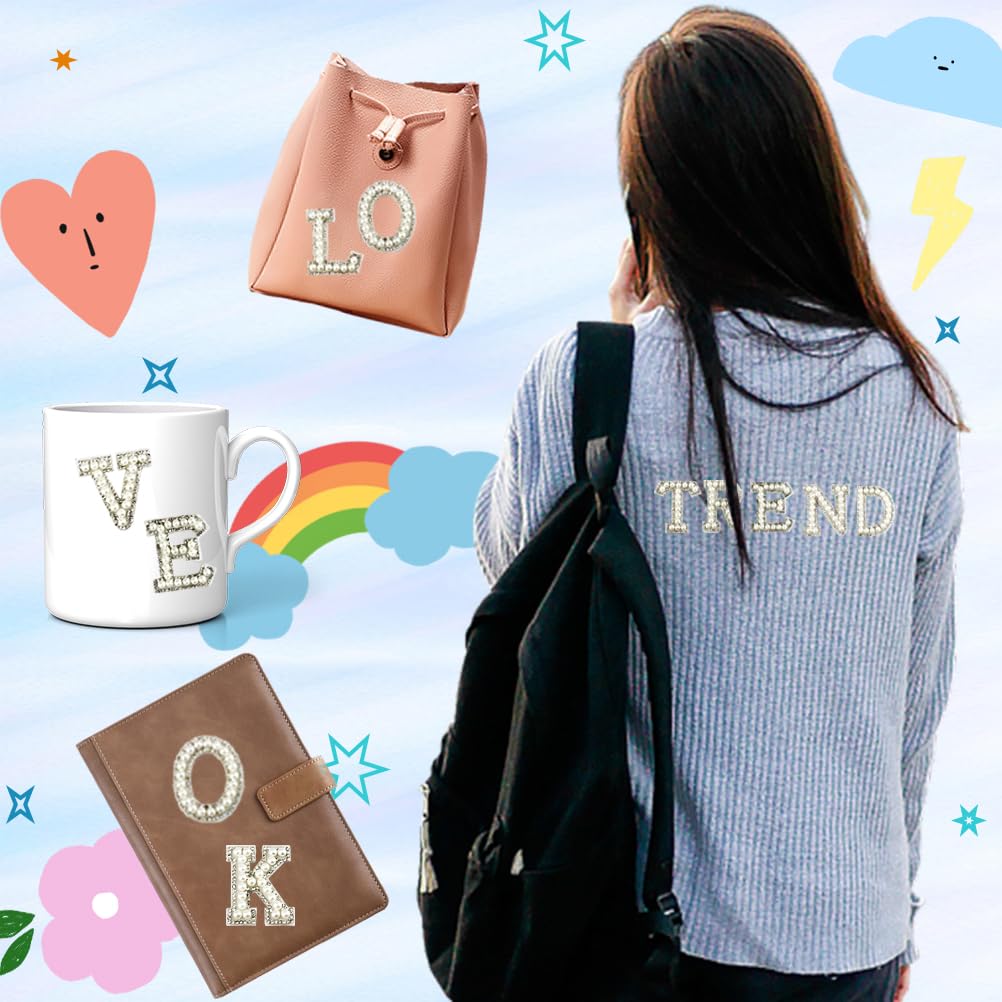 52 Pcs Self-Adhesive Pearl Letter Patches A-Z with Glitter - Large Alphabet Patches for Graduation Caps, DIY Crafts, Scrapbooking & Clothing Decoration (White)