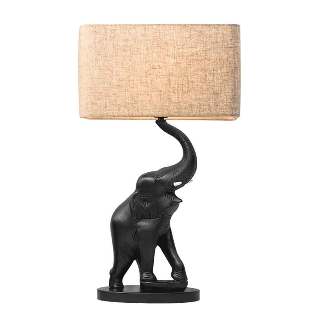 Handmade Elephant Resin Table Lamp with Fabric Shade - Creative Bedside Lighting for Bedroom, Living Room & Nightstand | Perfect Reading Light & Home Decor Accent (Black)