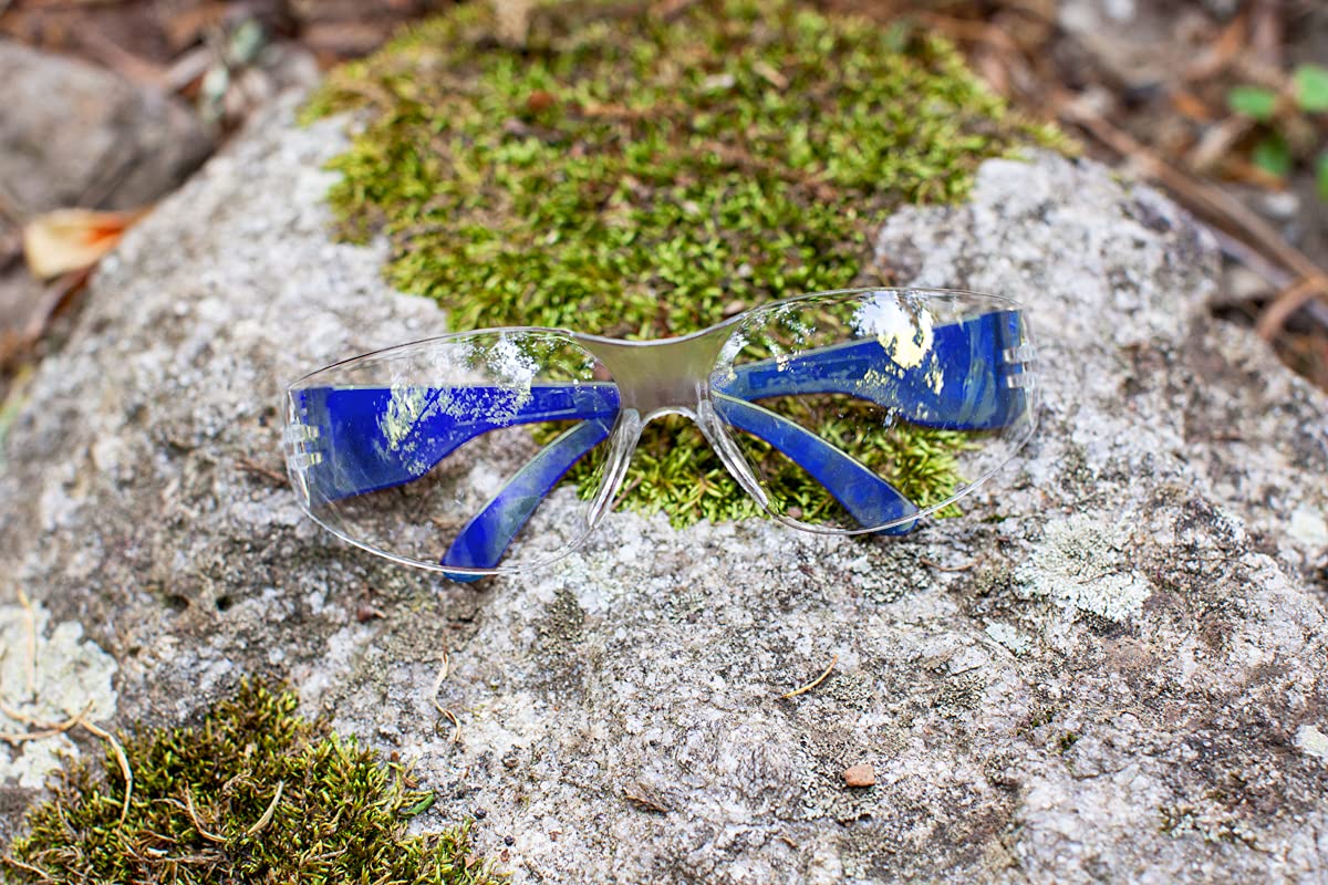 BISON LIFE Clear Polycarbonate Safety Glasses - Impact & Ballistic Resistant Lens, Blue Temple (12 Boxes, 144 Pairs) - Ideal for Construction, Woodworking, Shooting & Industrial Safety Use