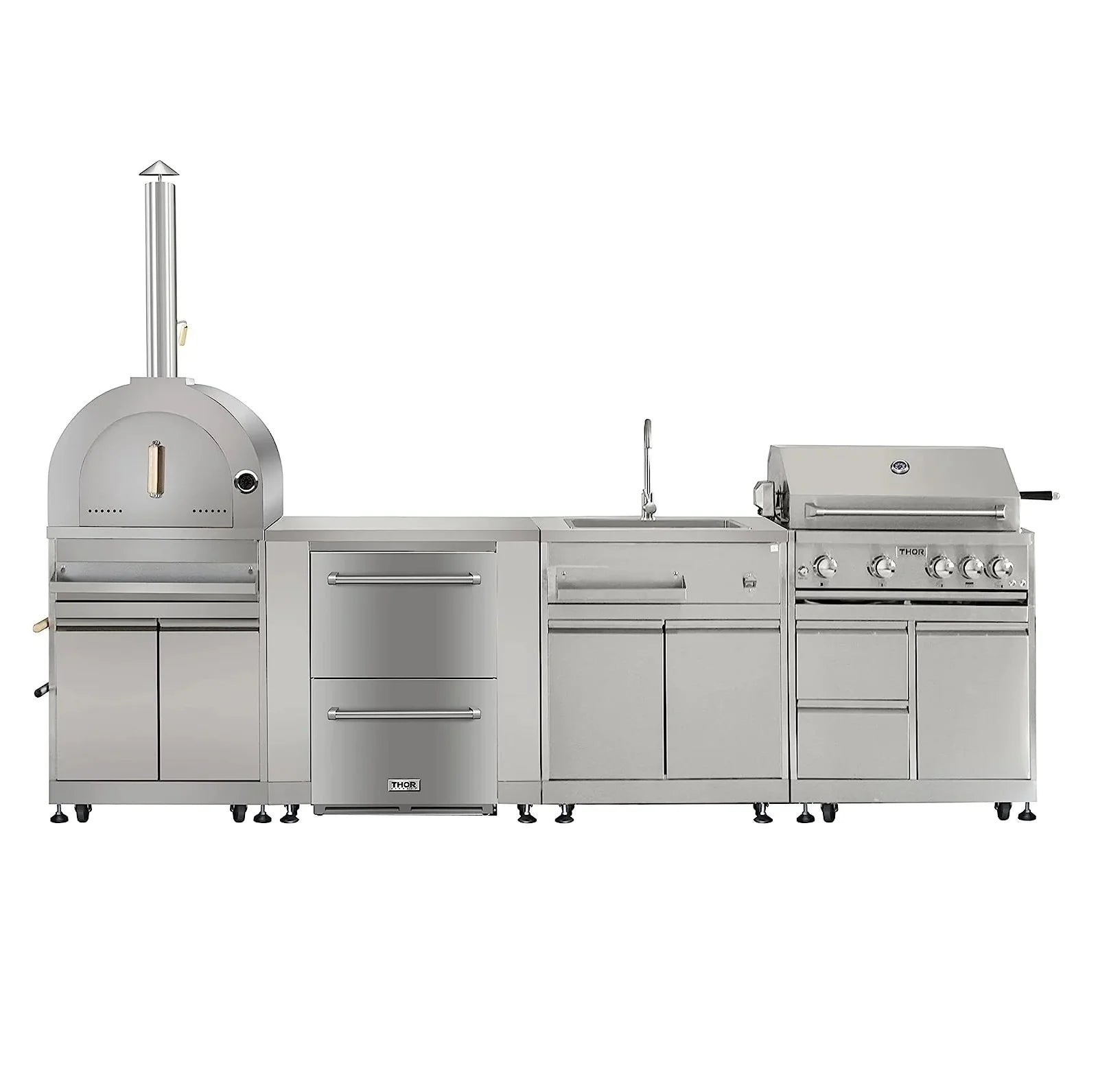 SINDA 6-Piece Stainless Steel Outdoor Kitchen Set with Pizza Oven, 4-Burner Natural Gas Grill, BBQ Cabinet, 24