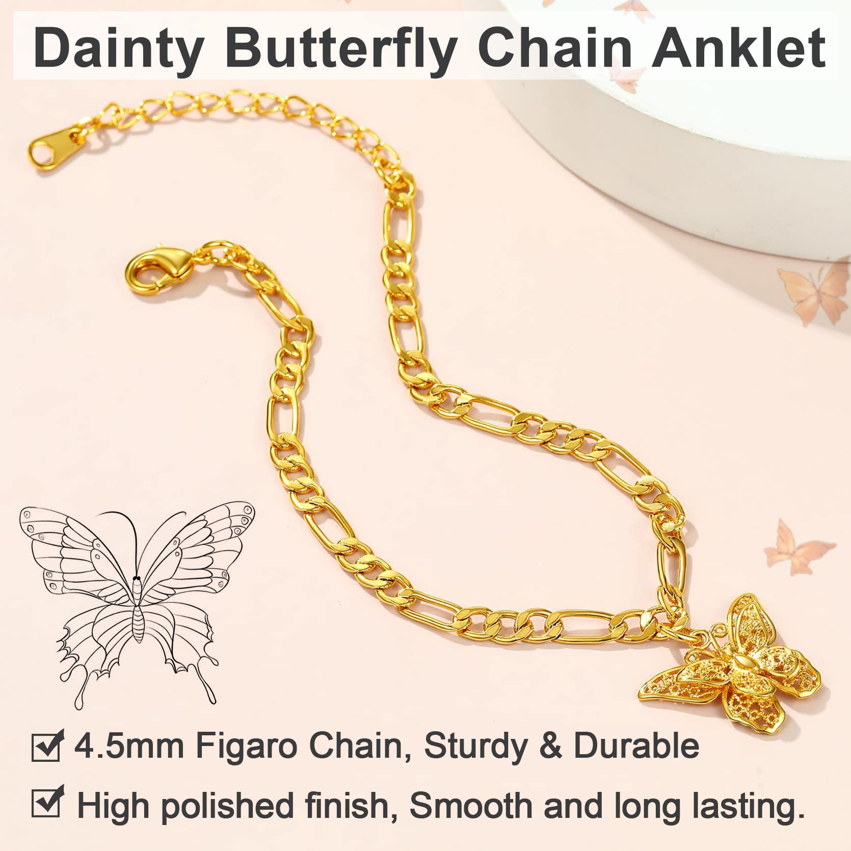 GOLDCHIC JEWELRY 14K Gold Plated Butterfly Anklet for Women - Adjustable 8.5+2 Inch Figaro Chain Ankle Bracelet - Elegant Foot Jewelry for Summer, Beach, Parties & Special Occasions