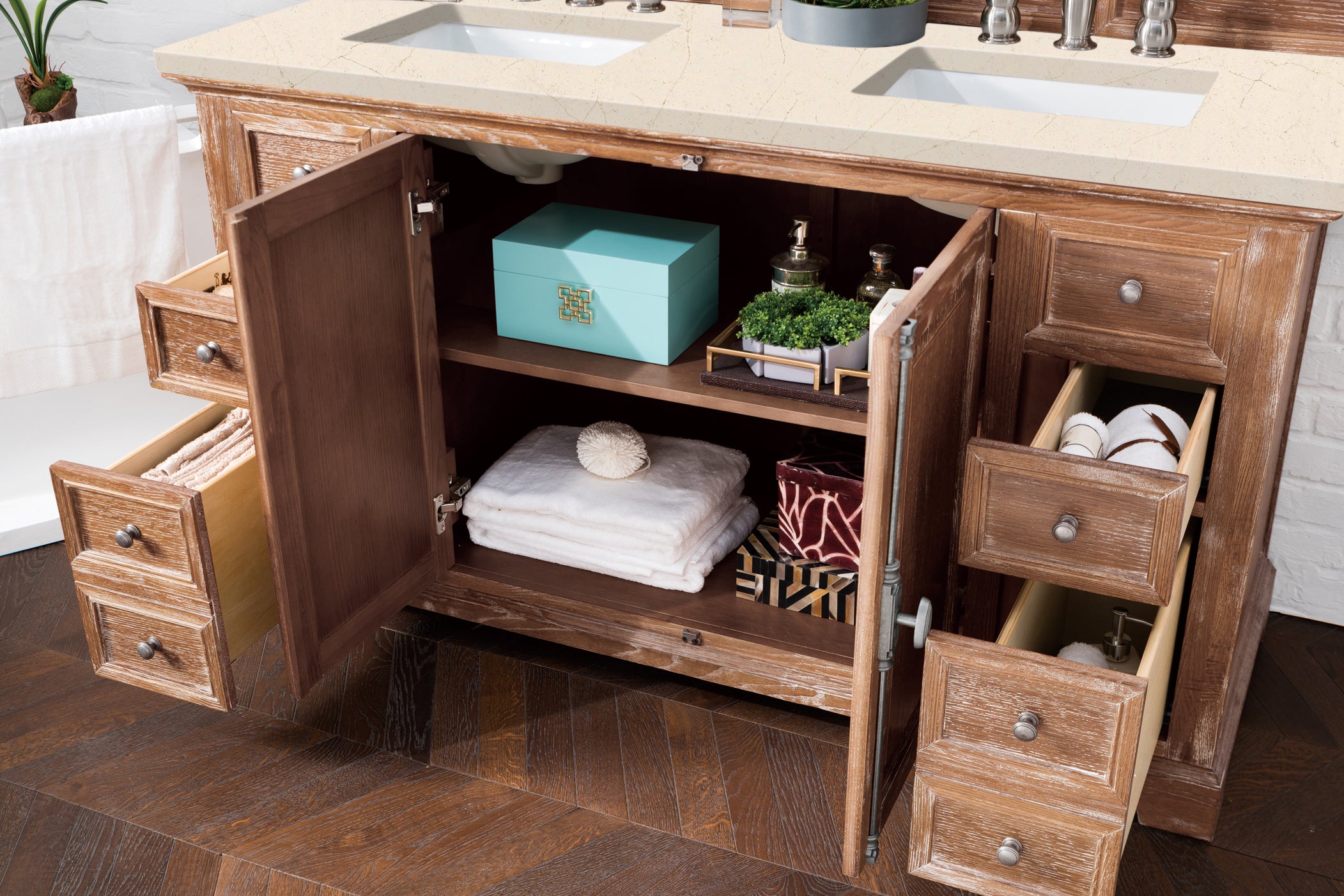 Providence 60 Inch Double Vanity Cabinet in Driftwood Finish with 3CM Eternal Marfil Quartz Top - Perfect for Modern Bathroom Renovations & Master Suite Upgrades