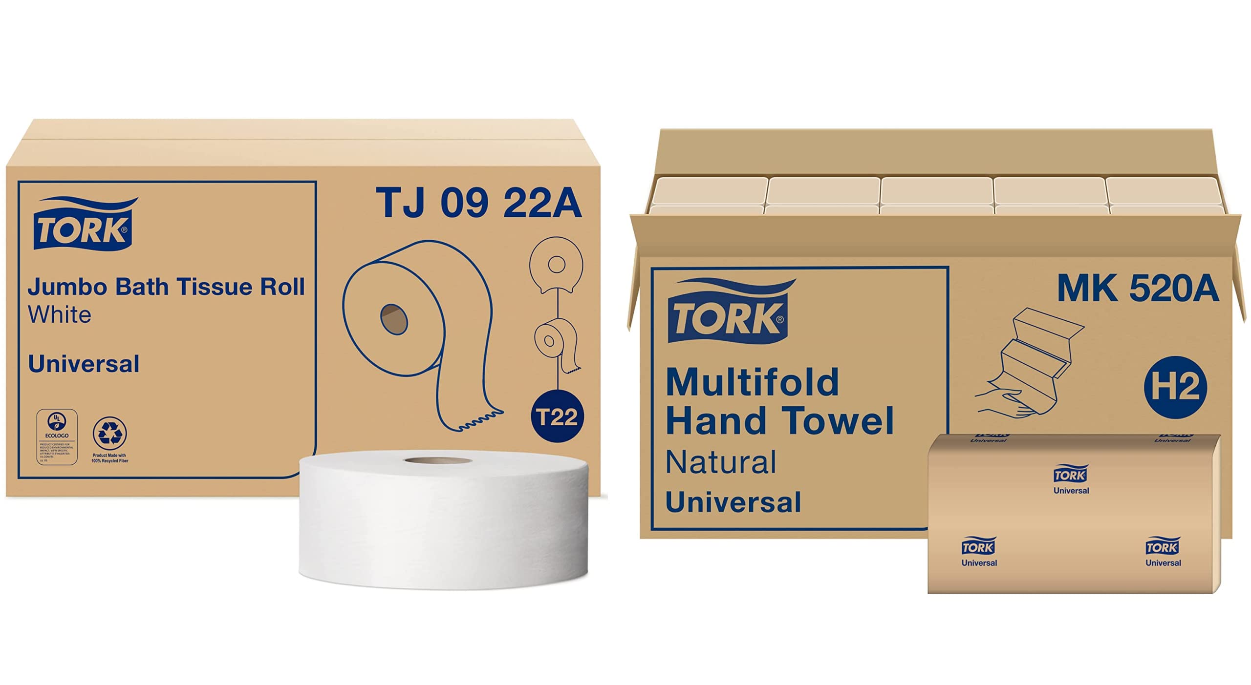 Tork Jumbo Toilet Paper Roll White T22 (Universal) & Tork Multifold Hand Towel Natural H2 (Universal) - Bulk Commercial Bathroom Supplies for Offices, Restaurants & Public Restrooms