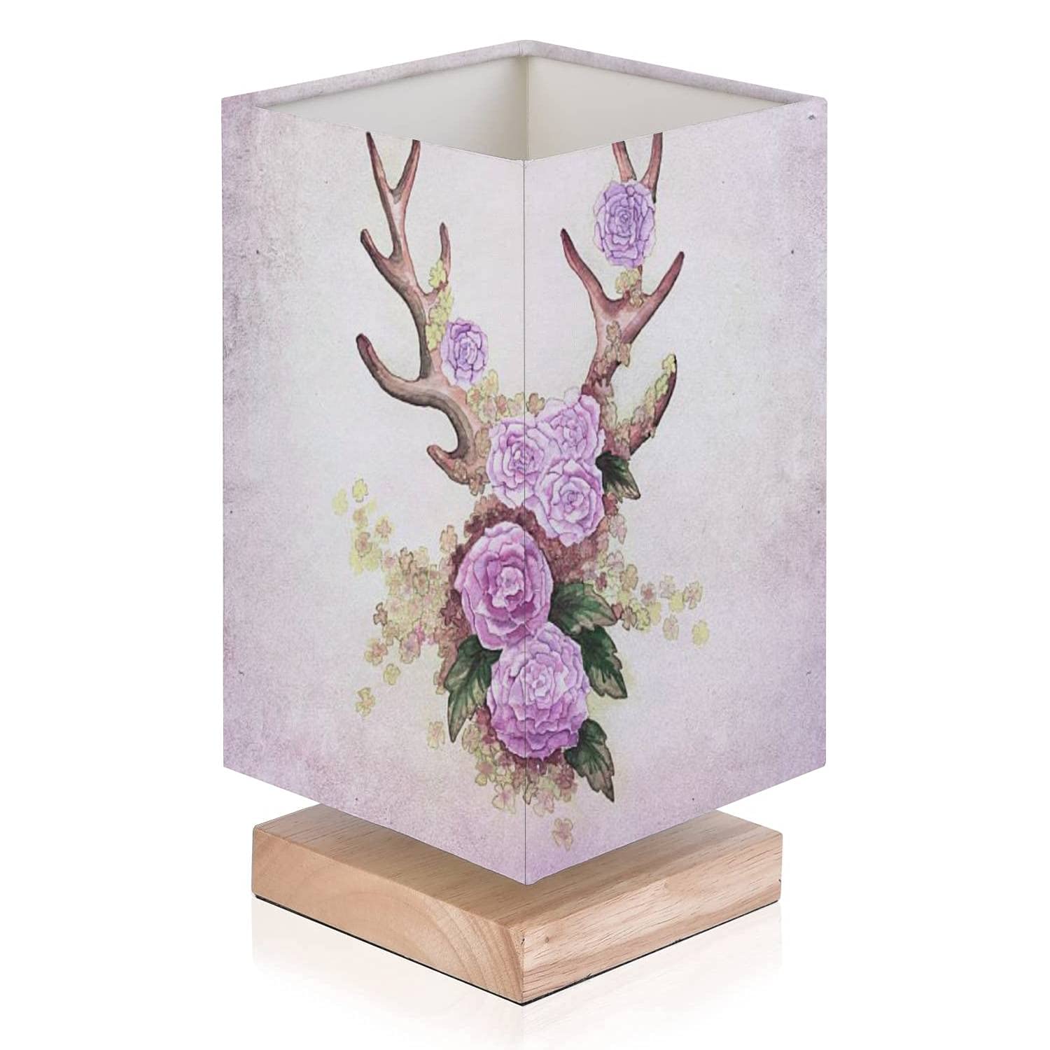 Modern Deer Antler Table Lamp with Flaxen Fabric Shade, Solid Wood Base, and Floral Illustration - Perfect for Bedroom Nightstand, Living Room Desk, and Cozy Reading Nook
