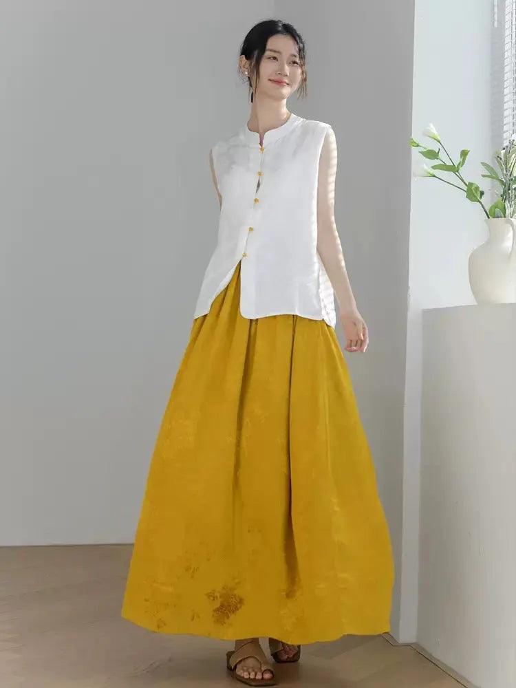 Women's Maxi Skirt Summer Prom Yellow Jacquard Skirt - Elegant Flowy Long Skirt for Beach, Party & Special Occasions