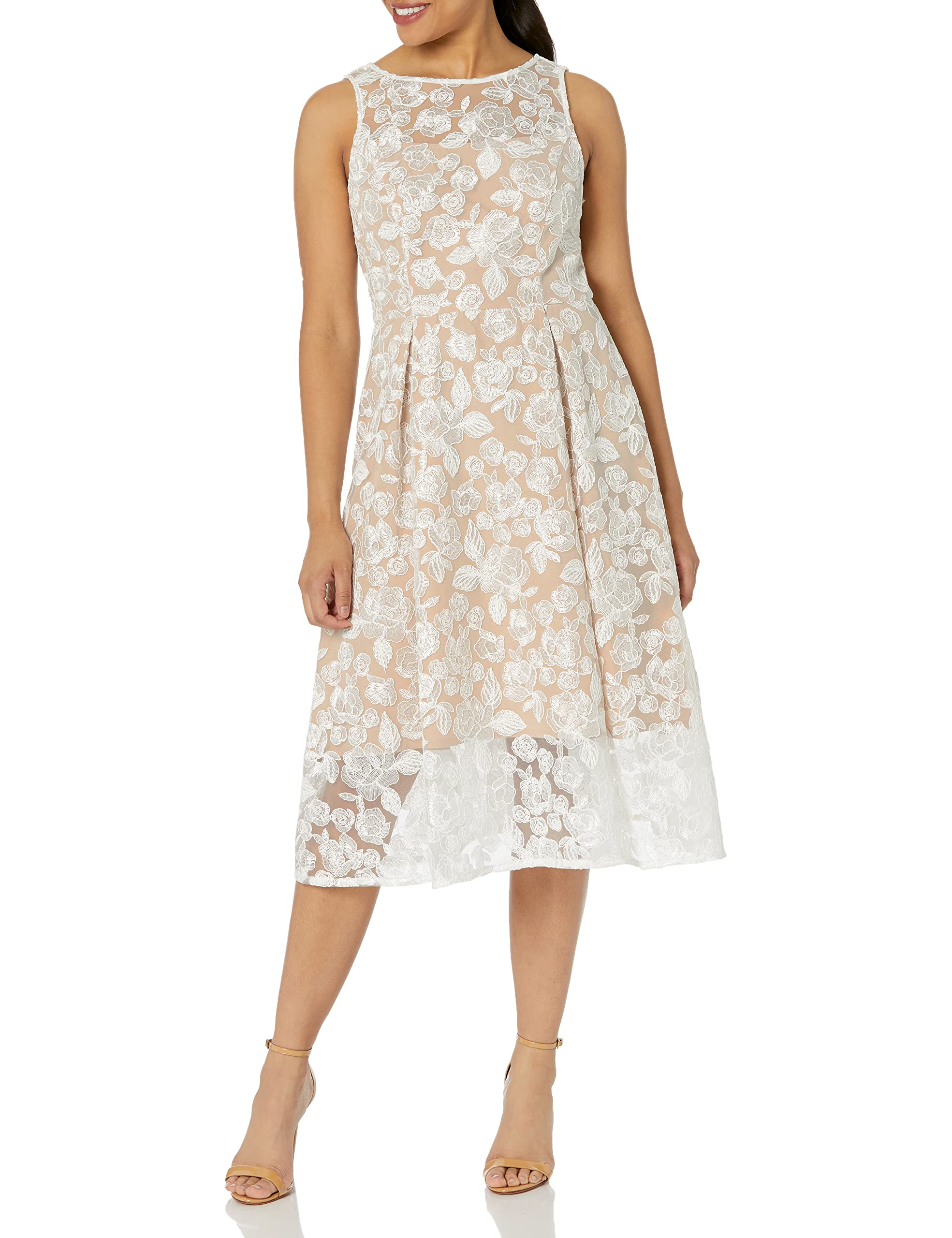 Adrianna Papell Women's Embroidered Tea Length Dress - Elegant Floral Lace Formal Gown for Weddings, Parties & Special Occasions