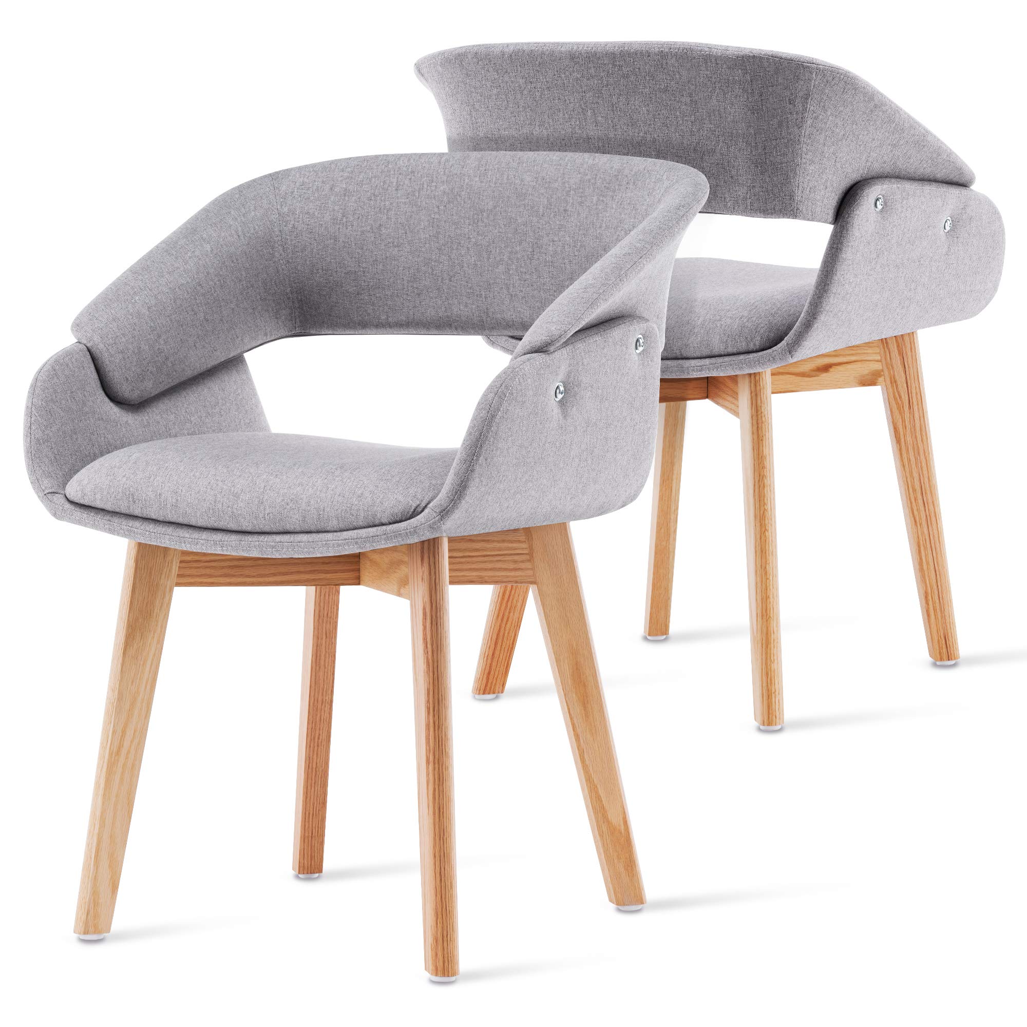 Modern Mid-Century Accent Arm Chairs Set of 2 - Linen Upholstered Dining Room Chairs with Solid Wood Legs & Cushions (Grey) - Perfect for Living Room, Dining Area, Guest Seating & Lounge Decor