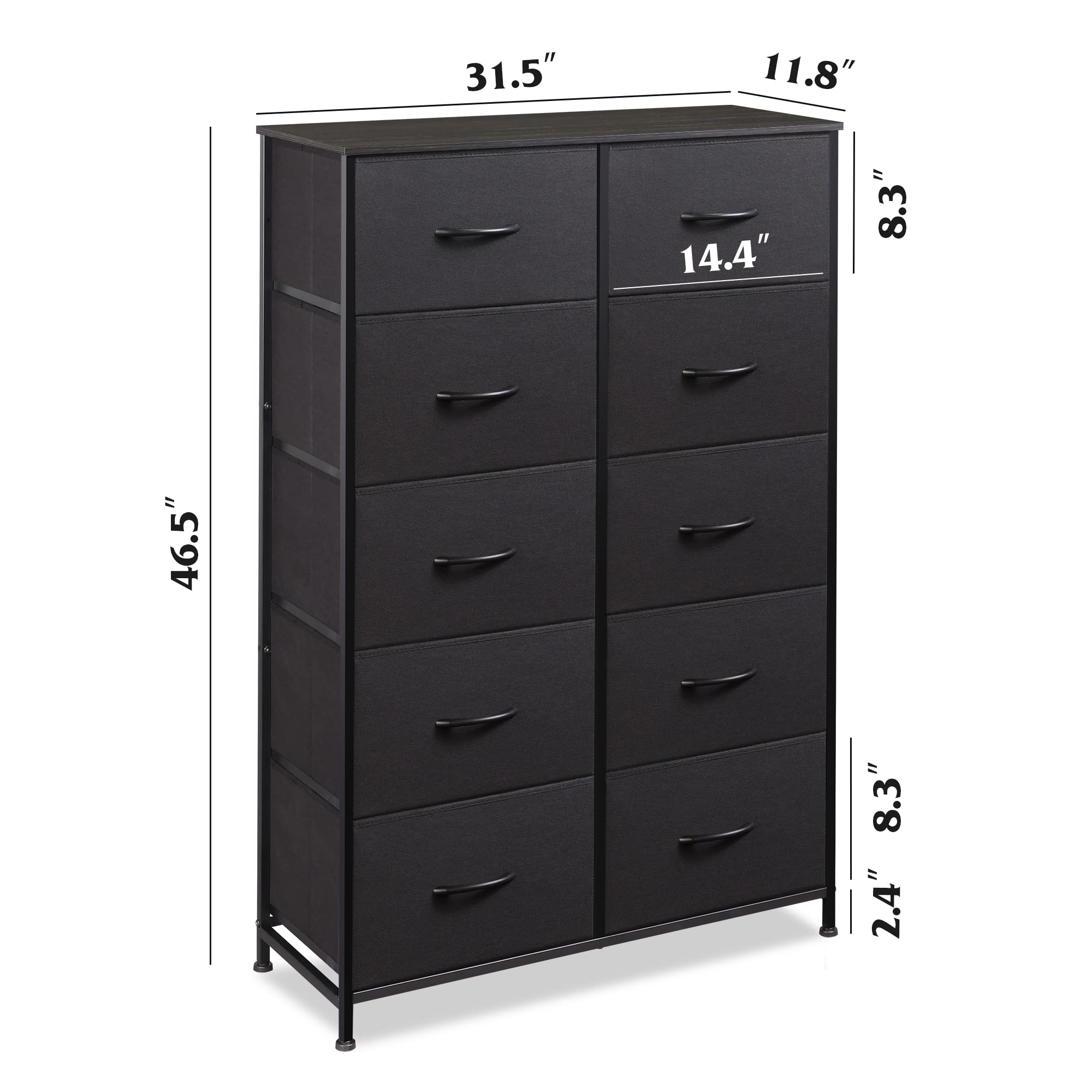 WLIVE 10-Drawer Tall Black Dresser for Bedroom - Modern Chest of Drawers with Fabric Bins, Bedroom Storage Organizer for Clothes, Shoes & Accessories - Perfect for Closet, Hallway, Living Room & Entryway Organization