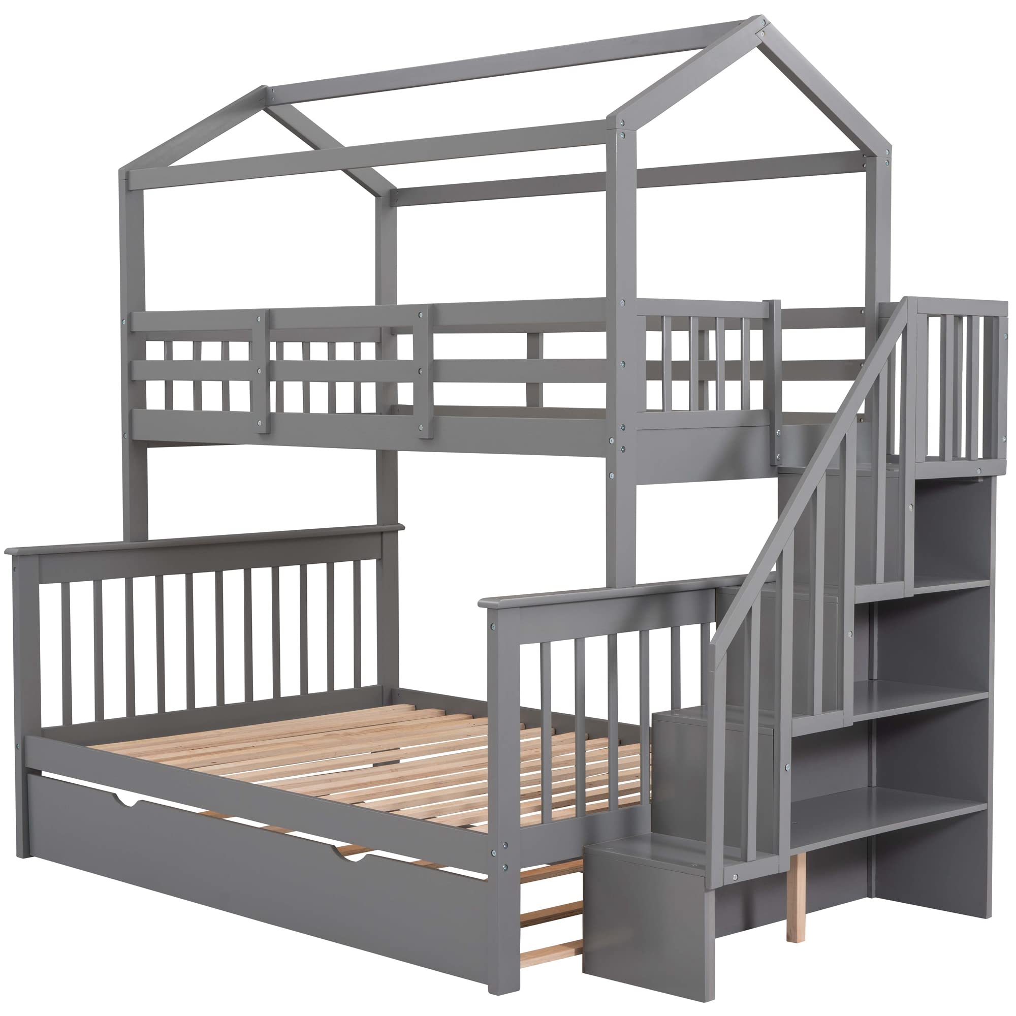 LZ LEISURE ZONE Twin Over Full Bunk Bed with Trundle & Staircase - Convertible to 3 Separate Platform Beds, Solid Wood Frame (Grey) - Perfect for Kids' Bedroom, Guest Room & Space-Saving Home Furniture