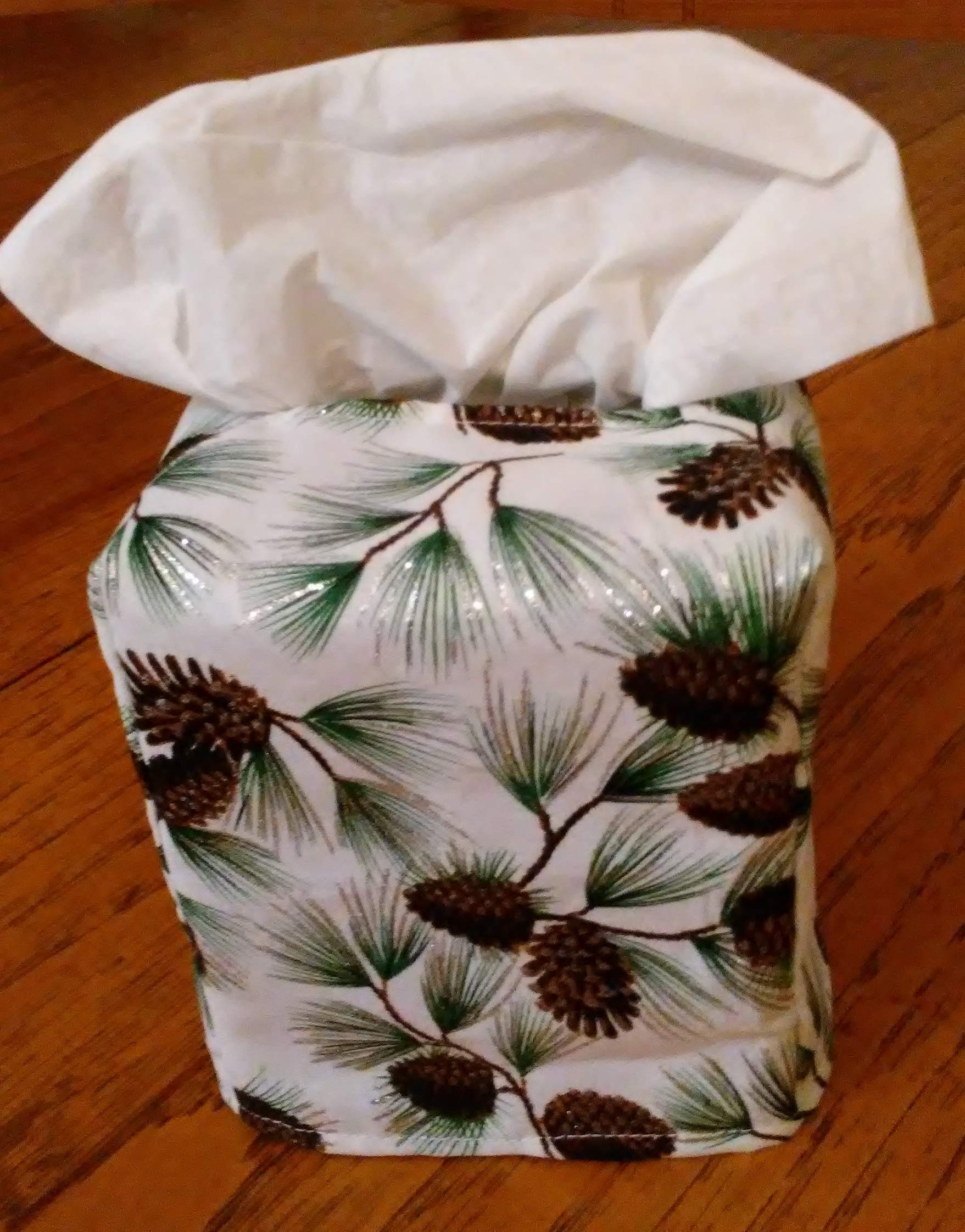 Elegant Square Tissue Box Cover with Glittering Pine Cones on White Fabric - Perfect for Home, Office, and Holiday Decor