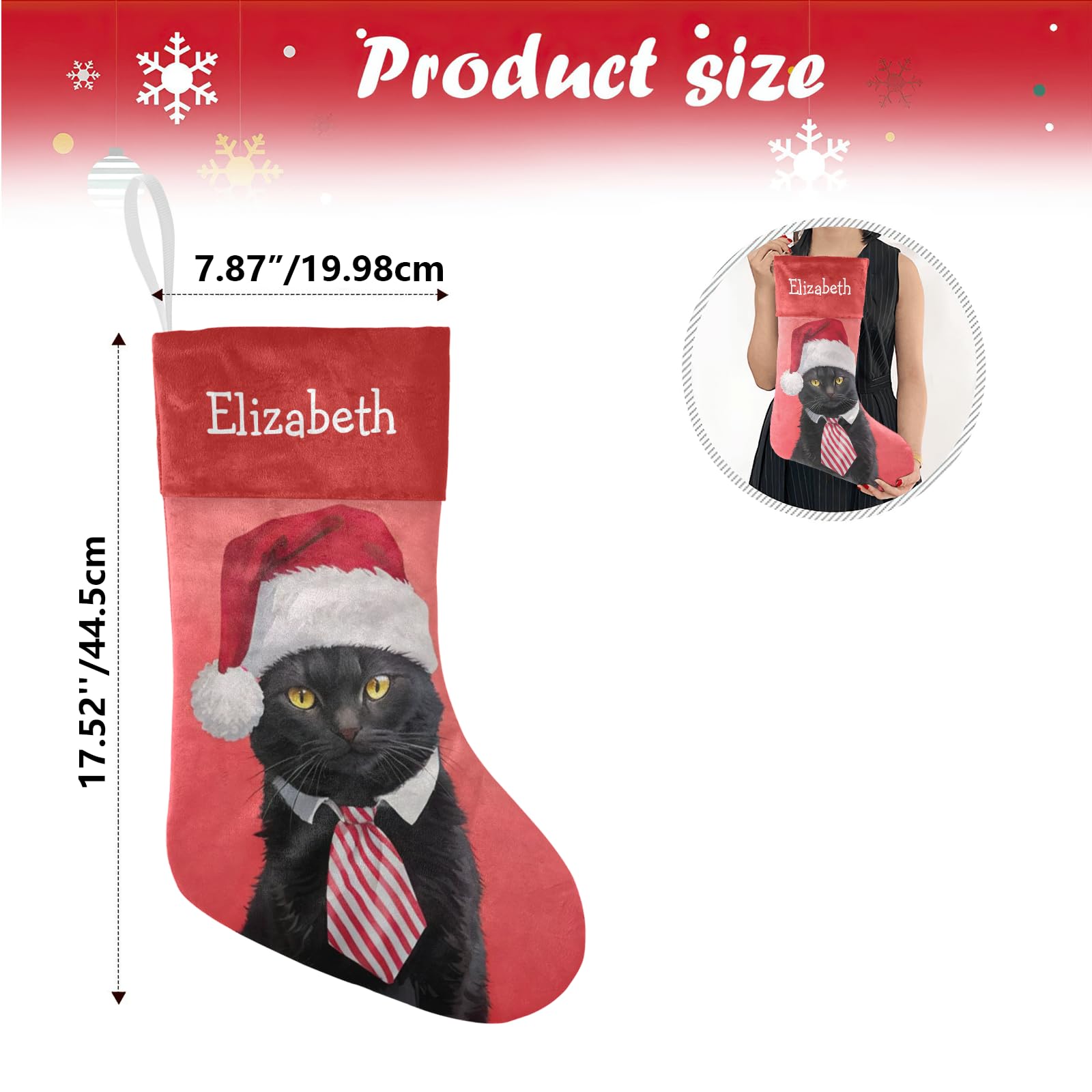 Personalized Black Cat Christmas Stockings with Name - Custom Xmas Gift for Boys, Girls & Pets (17.52 x 7.87 Inch) - Perfect for Holiday Decor, Fireplace Mantel & Christmas Gift Exchange