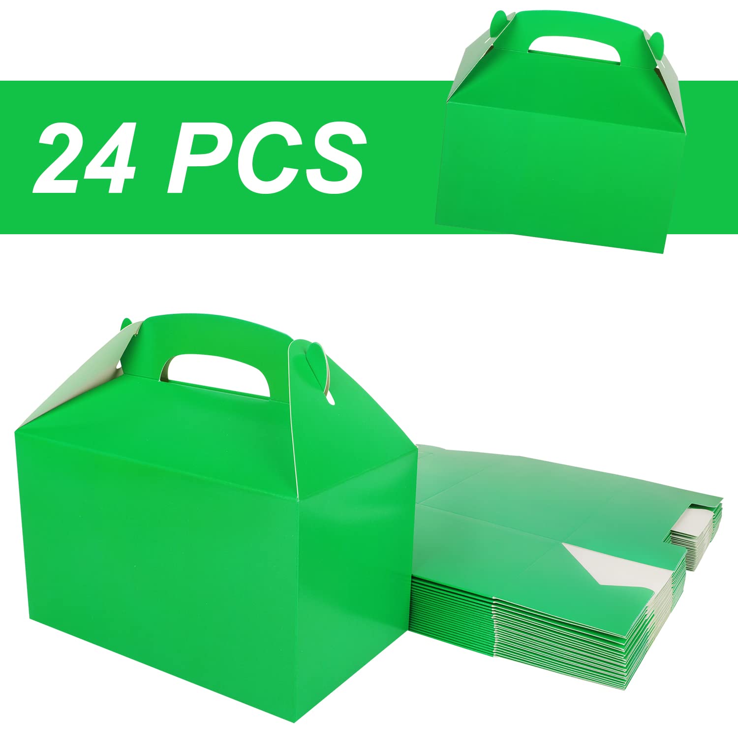 24-Pack Green Party Favor Treat Boxes with Handles - Eco-Friendly Candy Cake Gift Boxes for Jungle Forest Birthday, Baby Shower, Wedding & St. Patrick's Day Party Decorations - Perfect for Snack Goodies and Party Favors