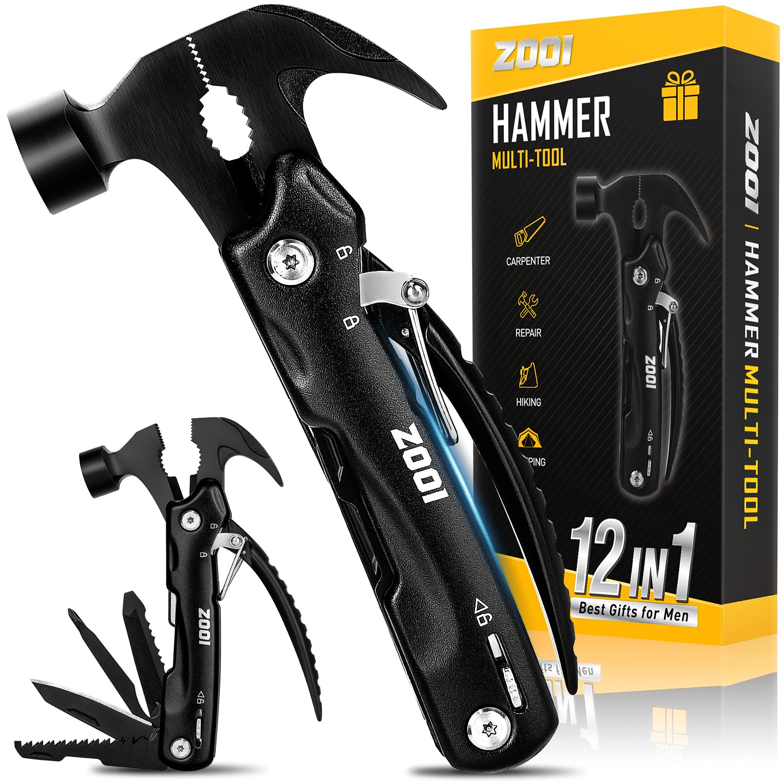 12-in-1 Multitool Camping Gear for Men - Perfect Father's Day Gift, Birthday Present for Dad, Husband & Outdoorsmen - Survival Tools for Hiking, Fishing, BBQ & Emergency Preparedness