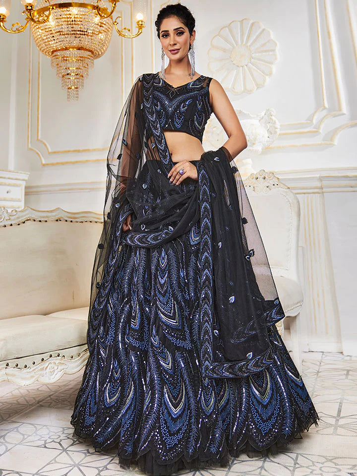 Elegant Black Net Embroidered Floral Lehenga Choli Set for Women - Indian Party Wear, Wedding, Festive Occasions (D336) | Perfect for Diwali, Sangeet & Special Celebrations