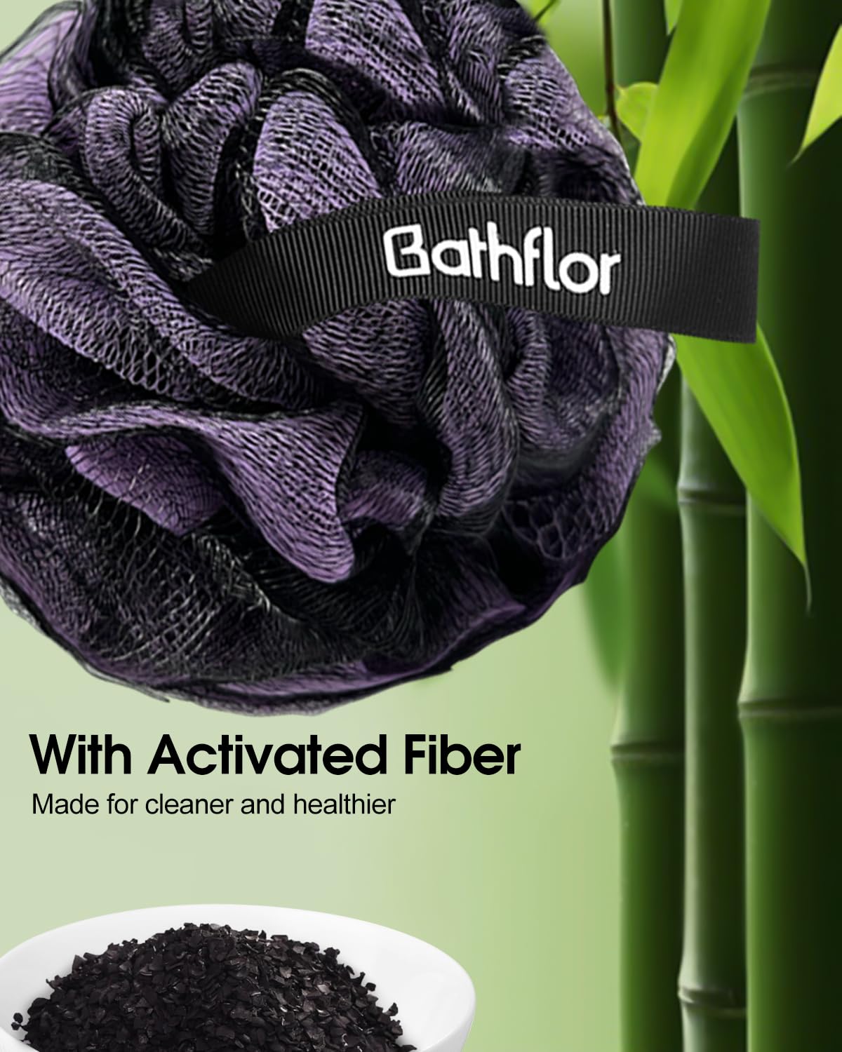 80g Loofah Sponge for Shower & Bath - Extra Large Soft Loofa Pouf with Long Handle & Curved Luffa Stick - Includes Shower Hook - Exfoliating Body Scrub for Men & Women (Charcoal) - Perfect for Deep Cleansing & Skin Renewal