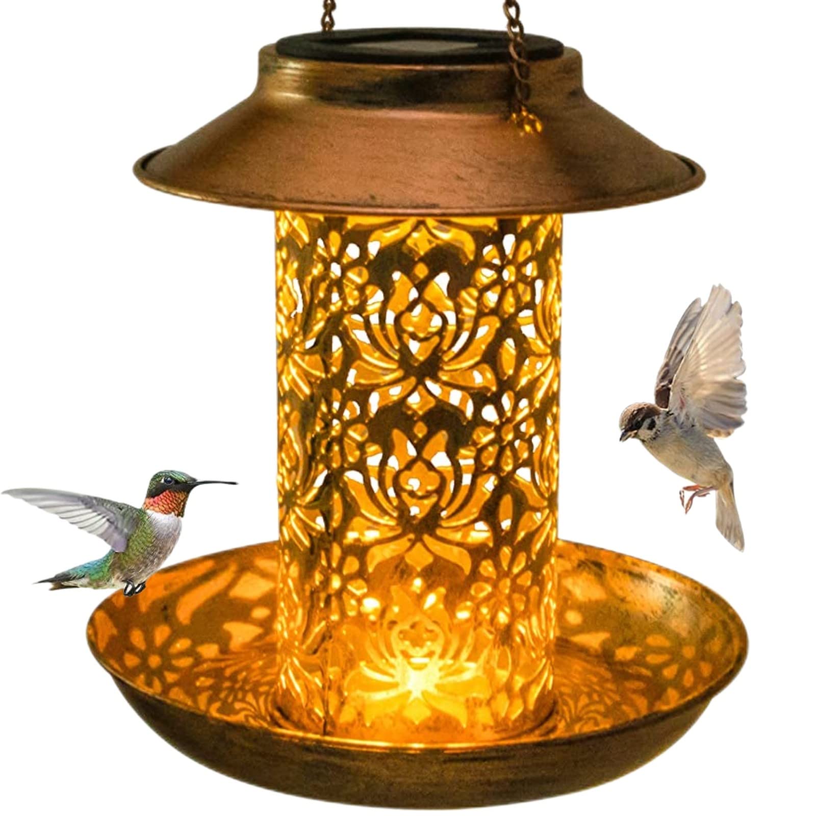Solar-Powered Squirrel-Proof Bird Feeder - Metal Hanging Wild Bird Seed Feeder with LED Lantern Light for Outdoor Garden, Backyard & Landscape Decoration | Perfect Gift for Bird Lovers & Nature Enthusiasts | Attracts Cardinals, Finches & Songbirds to Your Yard