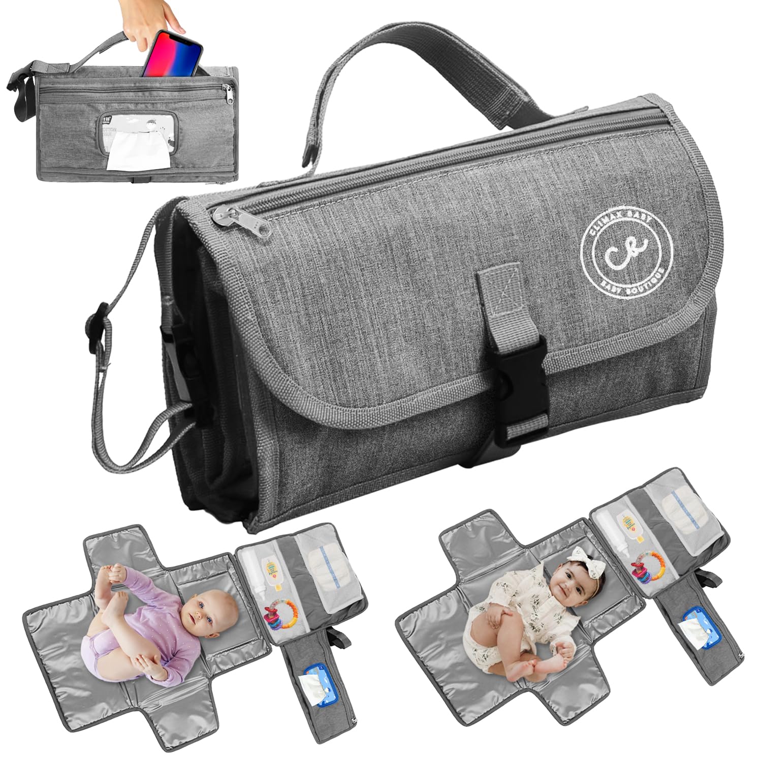 Portable Waterproof Diaper Changing Pad for Newborns - Travel Baby Changing Mat with Wipes Pocket for Boys & Girls (Gray) | Ideal for On-the-Go Parents, Daycare, and Traveling with Infants