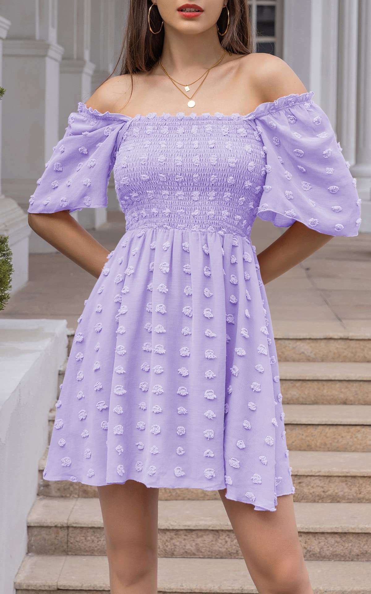 EXLURA Women's 2025 Summer Casual Square Neck Ruffled Short Sleeve Swiss Dot Flowy Mini Dress - Perfect for Beach Vacations, Date Nights & Summer Parties