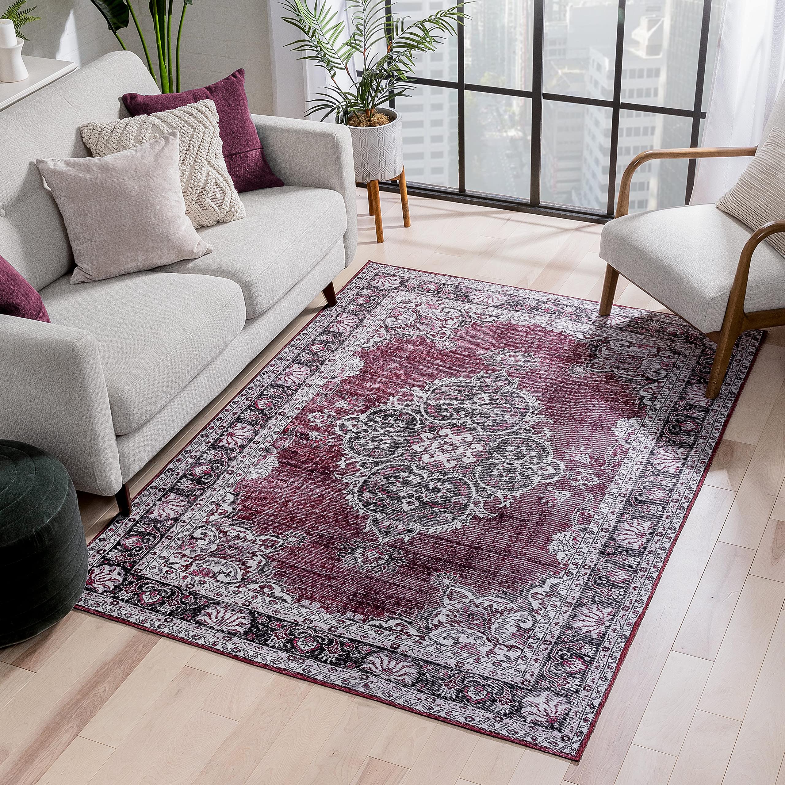 Well Woven Mareva Machine Washable Burgundy Red Vintage Oriental Medallion Area Rug 7'7