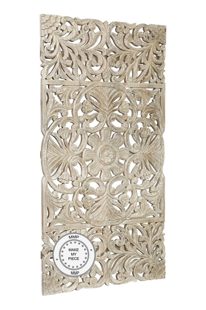 Exquisite Hand-Carved Indian Solid Wood Oriental Wall Panel - White | Traditional Asian Home Decor for Living Room, Bedroom & Meditation Spaces